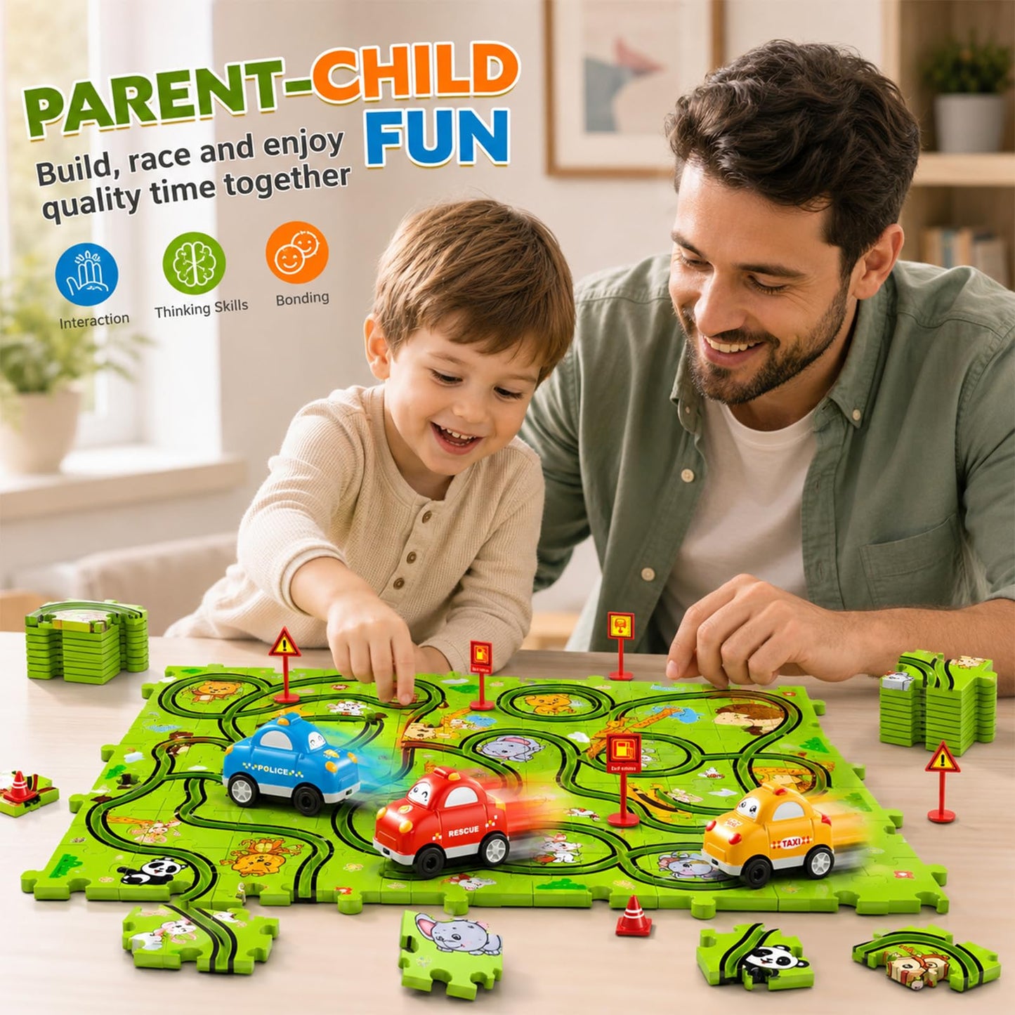 Beby Buty 64PCS Puzzle Race Track Car Set for Kids Boys, Floor Puzzle Tracks Car Toys for Boys Girls Ages 3-5 4-6, Toddler Toys Gifts for 3 4 5 Year Old, Ideal 3 4 5 6 Year Old Birthday Gifts