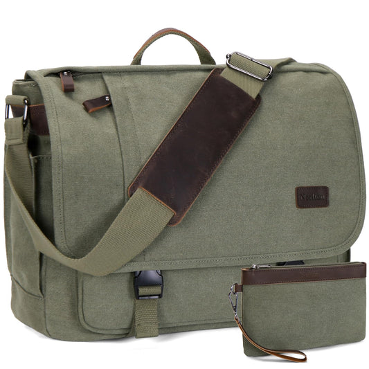 Nerlion Messenger Bag for Men 17-17.3 Inch Laptop Bag Canvas Water-resistant Computer Bag Shoulder Bag Work Briefcase Bookbag for College (Green)