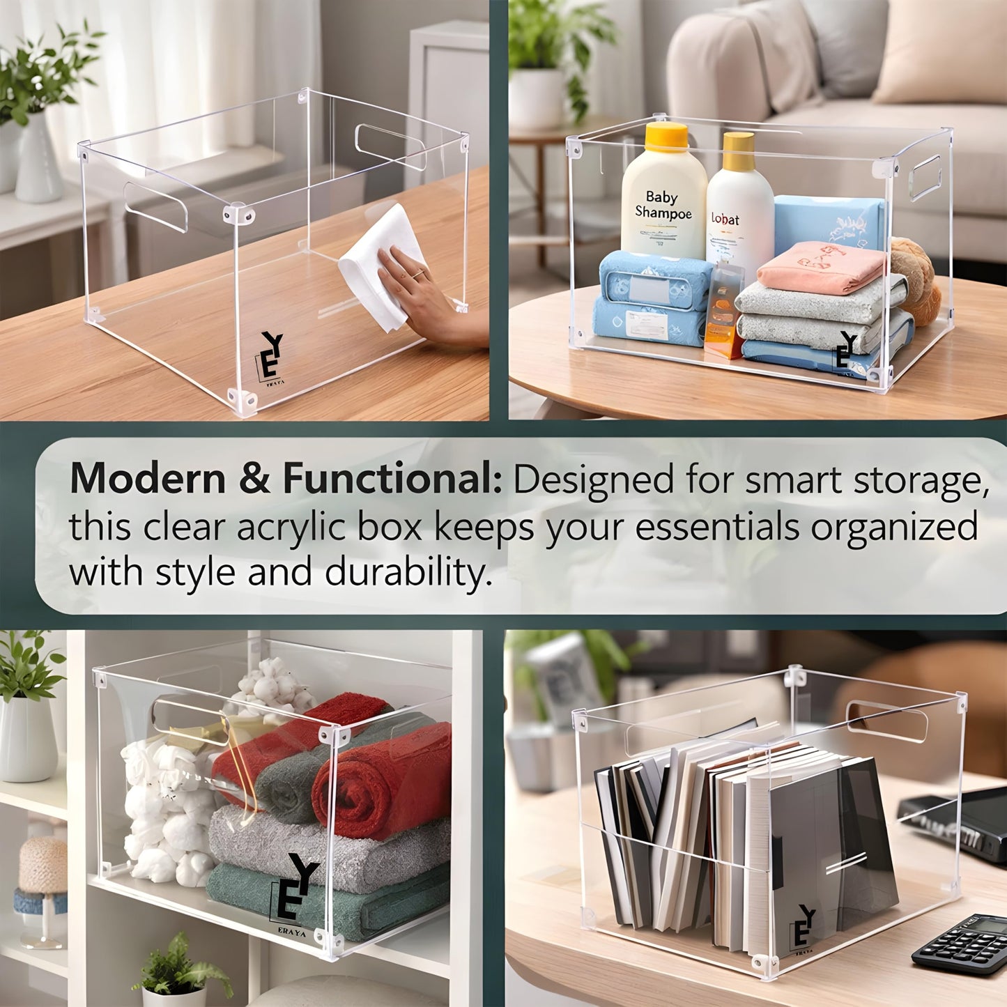ERAYA Clear Acrylic File Organizer with Handles, Portable Hanging File Box for Letter/A4 Documents 8.5"x11", Sleek Desktop Storage for Office, Home, Study, Magazines, Notebooks, and School Supplies