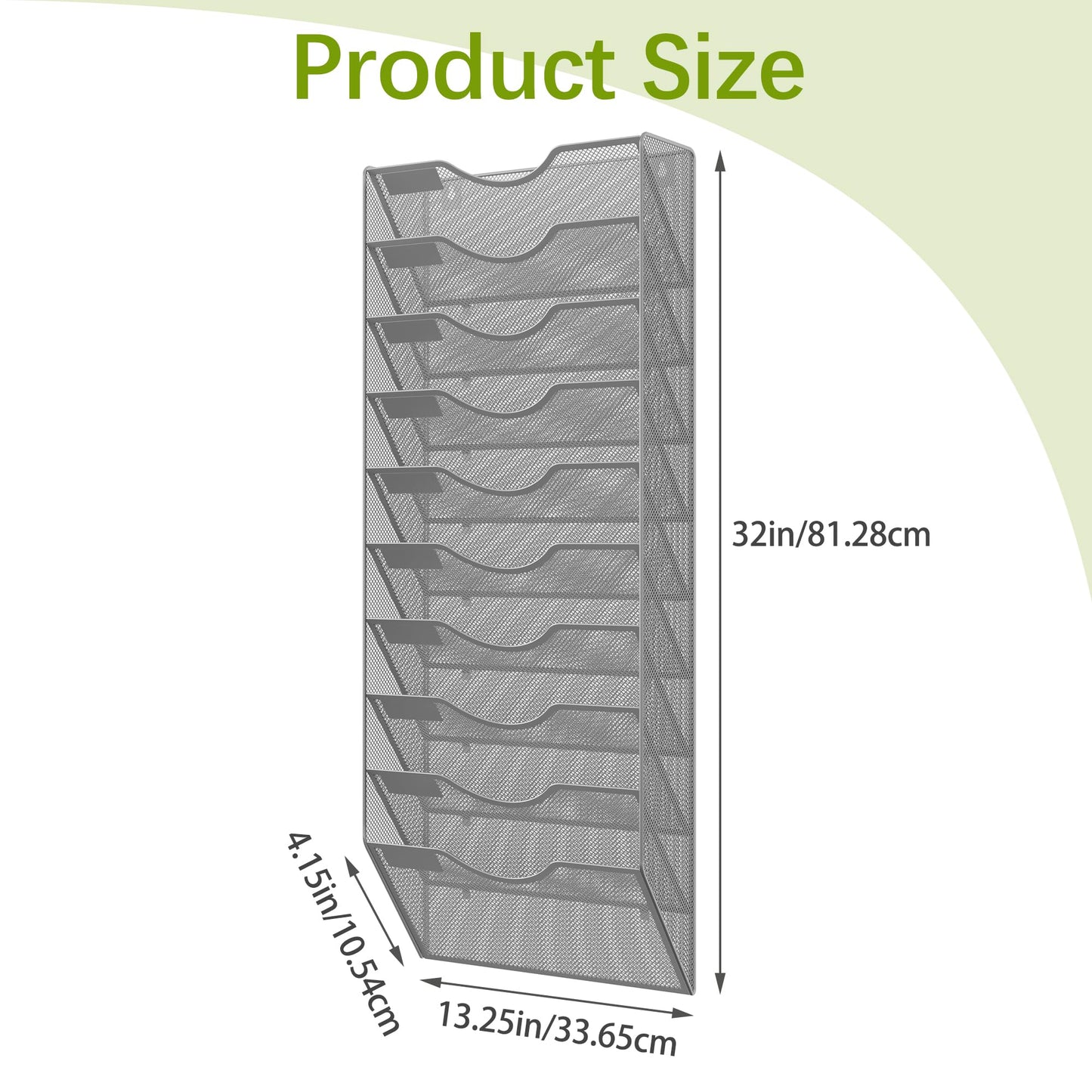 EasyPAG 10 Pocket Mesh Wall File Organizer, Hanging Paper Folder Holder with Classify Label, Vertical Wall Mount Mail Organizer for Office Home Classroom, Silver