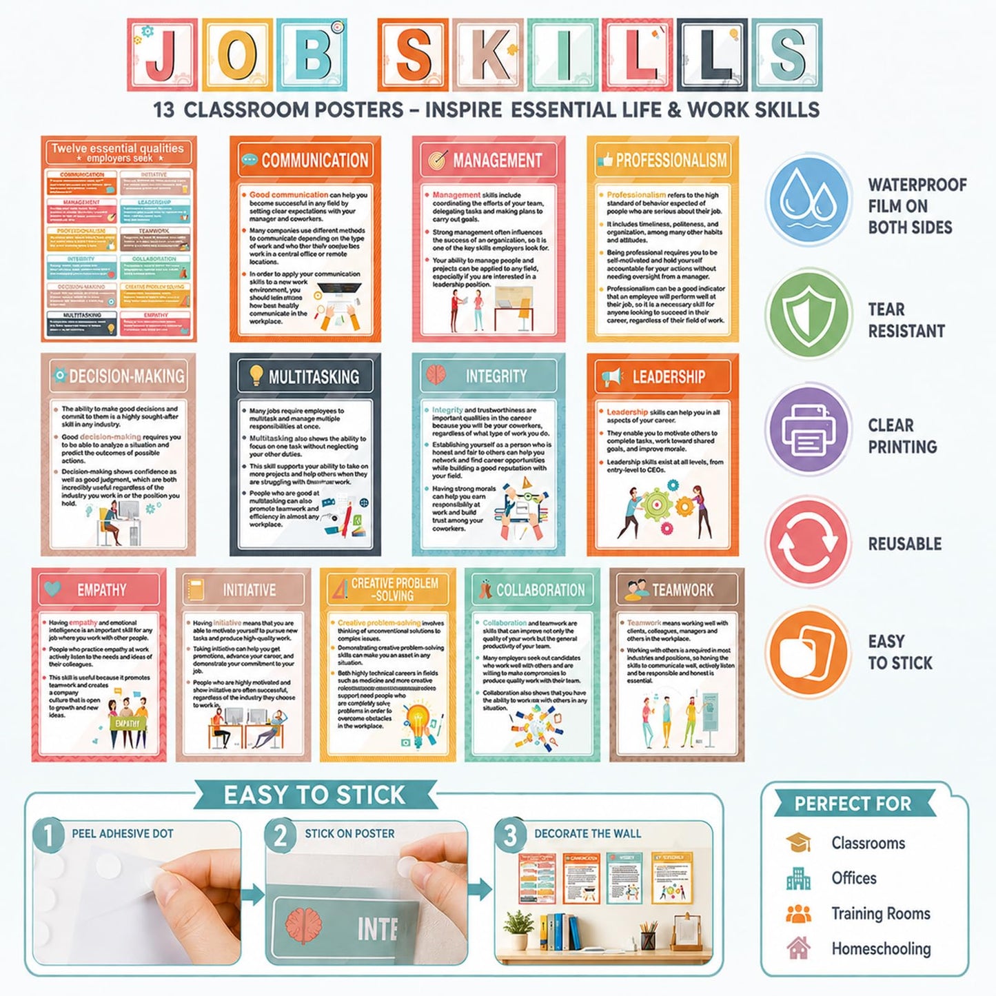 22Pcs Job Skills Posters Educational Bulletin Board Set Essential Qualities Employer Seek Poster Career Bulletin Board for High School Career College Classroom Library Workplace Wall Decor, Boho