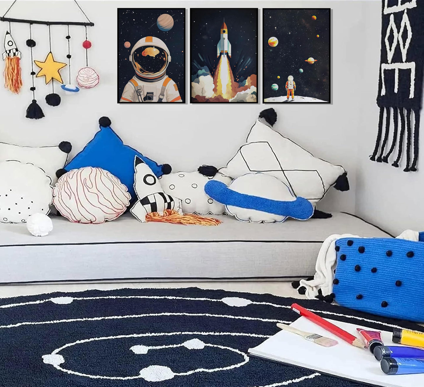 3Pcs Space Astronaut Wall art Cute Astronaut Canvas Nursery Galaxy Posters Modern Space Themed Print Rocket Pictures Toddler Boy Room Wall Decor for Adventure Kids Bedroom Nursery Room Unframed