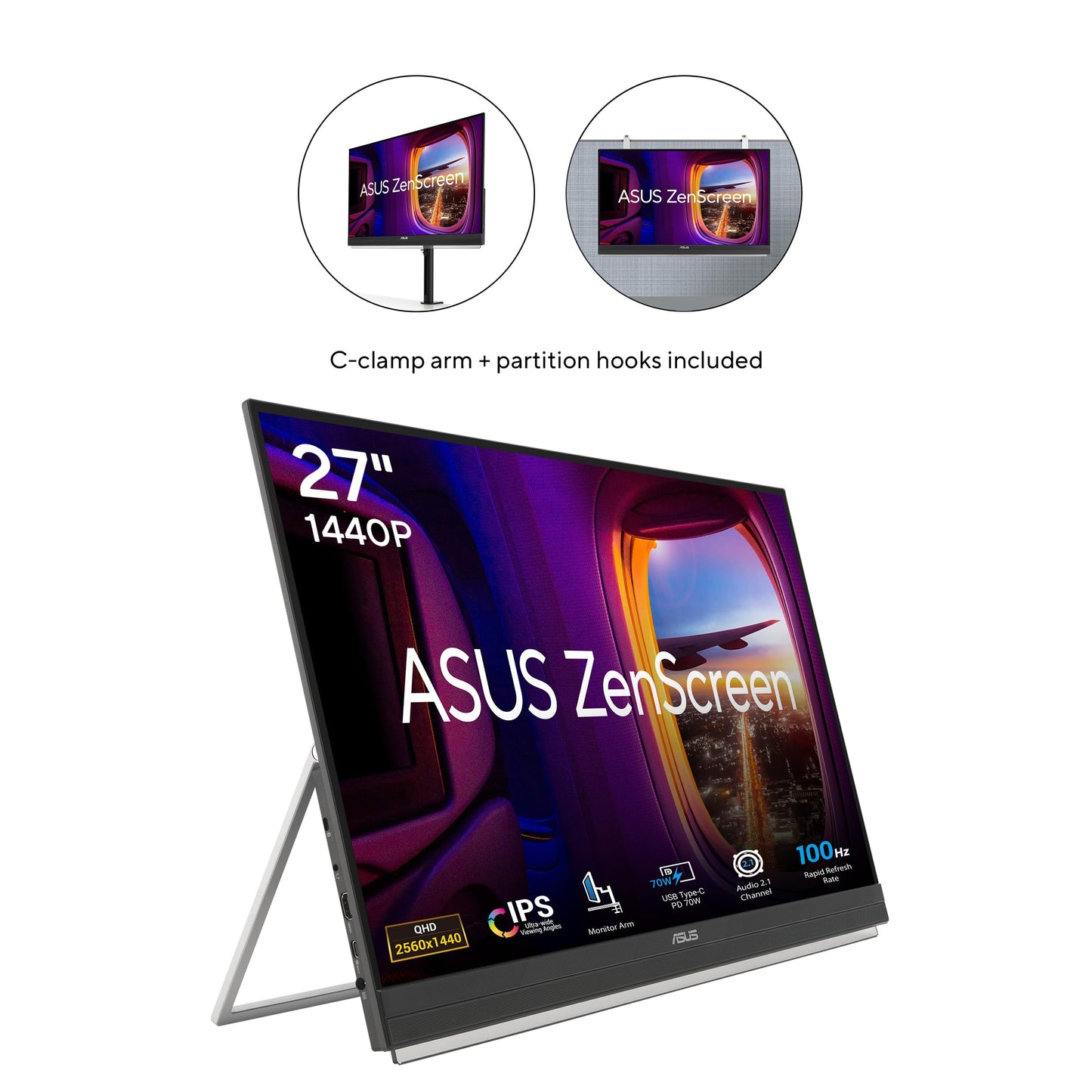 ASUS ZenScreen 27” 1440P Transportable Monitor (MB27ACF) - QHD (2560 x 1440), IPS, 100Hz, USB-C PD 70W, Speakers, Carrying Handle, Kickstand, C-clamp, Sub-woofer, 2.1 Channel Audio, 3 yr Warranty