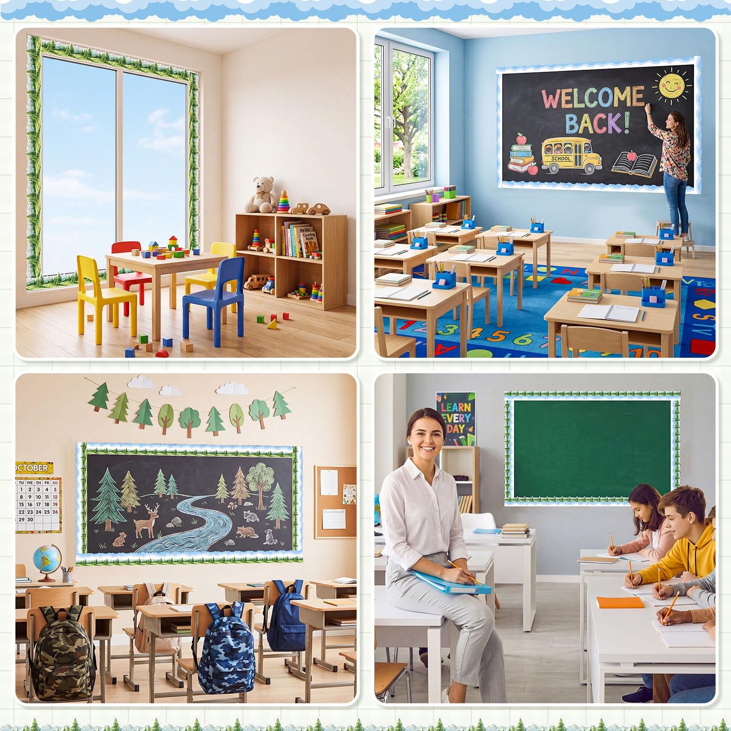 Trandraft 2 Rolls 65.6ft White Clouds Trees Bulletin Board Decorations Clouds Bulletin Board Borders Strips Classroom Decor Back to School Trim Borders for Home Office