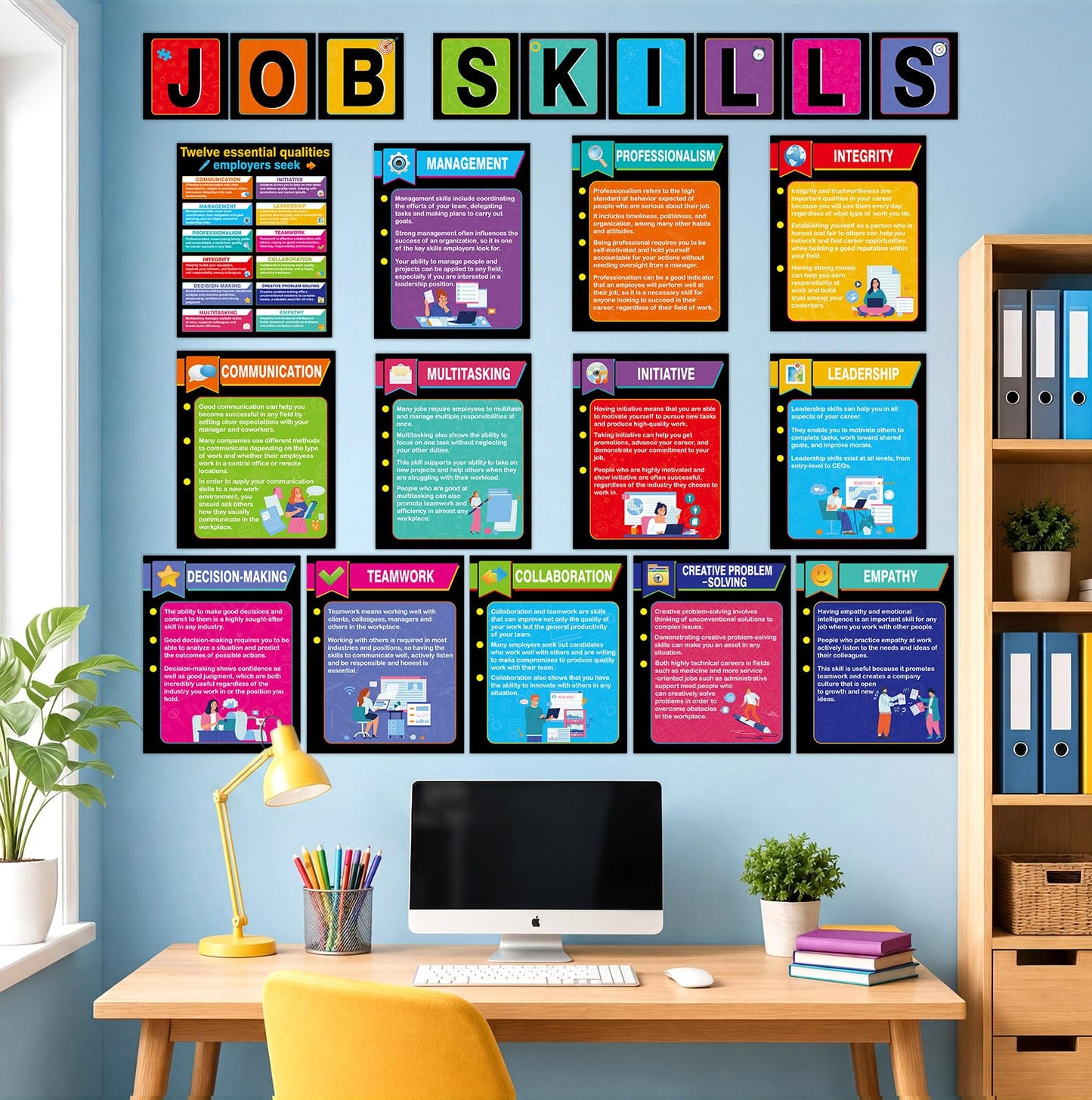 22 Pcs Job Skills Posters Back to School Classroom Decorations Essential Qualities Employer Seek Posters Educational Bulletin Board Set for High School College Library Workplace Wall Decor, Coloful
