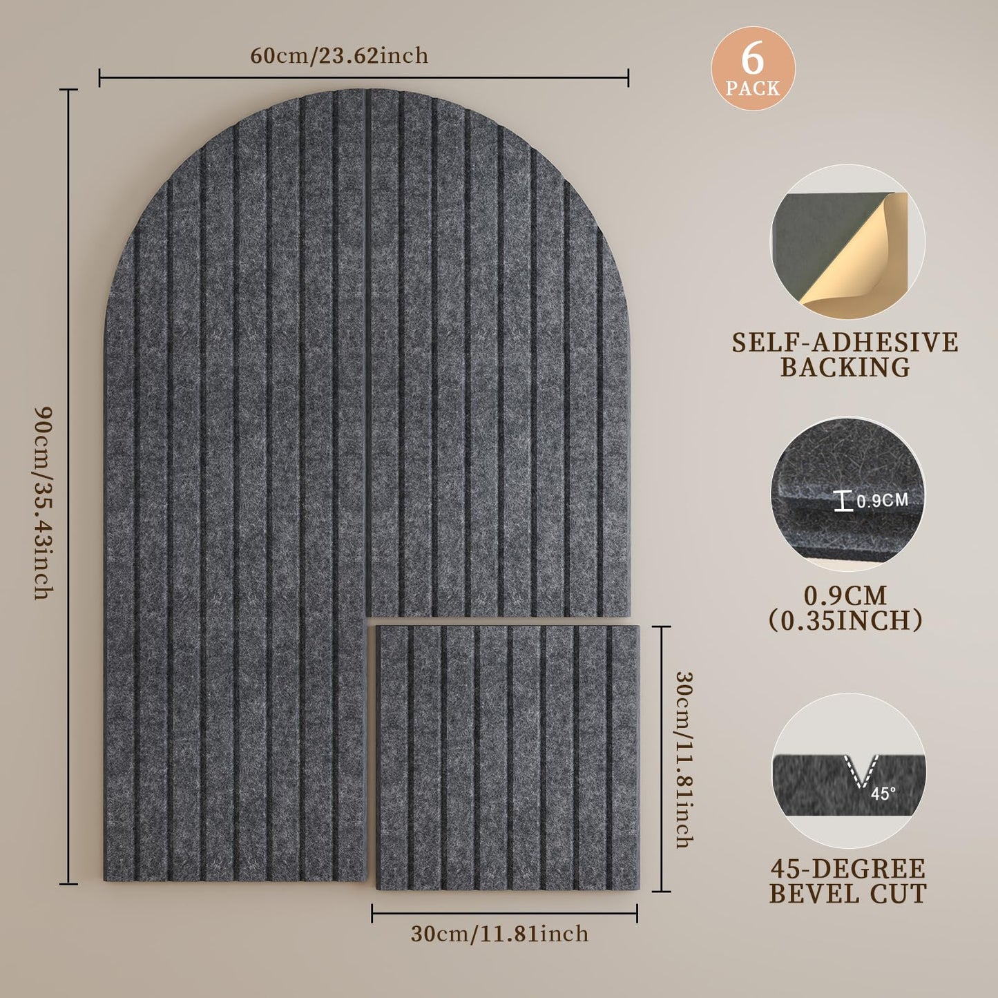 JBER Large Arched Felt Bulletin Board 36" x 24" - 6 Pack Felt Wall Tiles, Cork Board Alternative to Use in Office & Home Decor, Classroom Decor, Vision Board to Display Your Photos(Dark Gray)