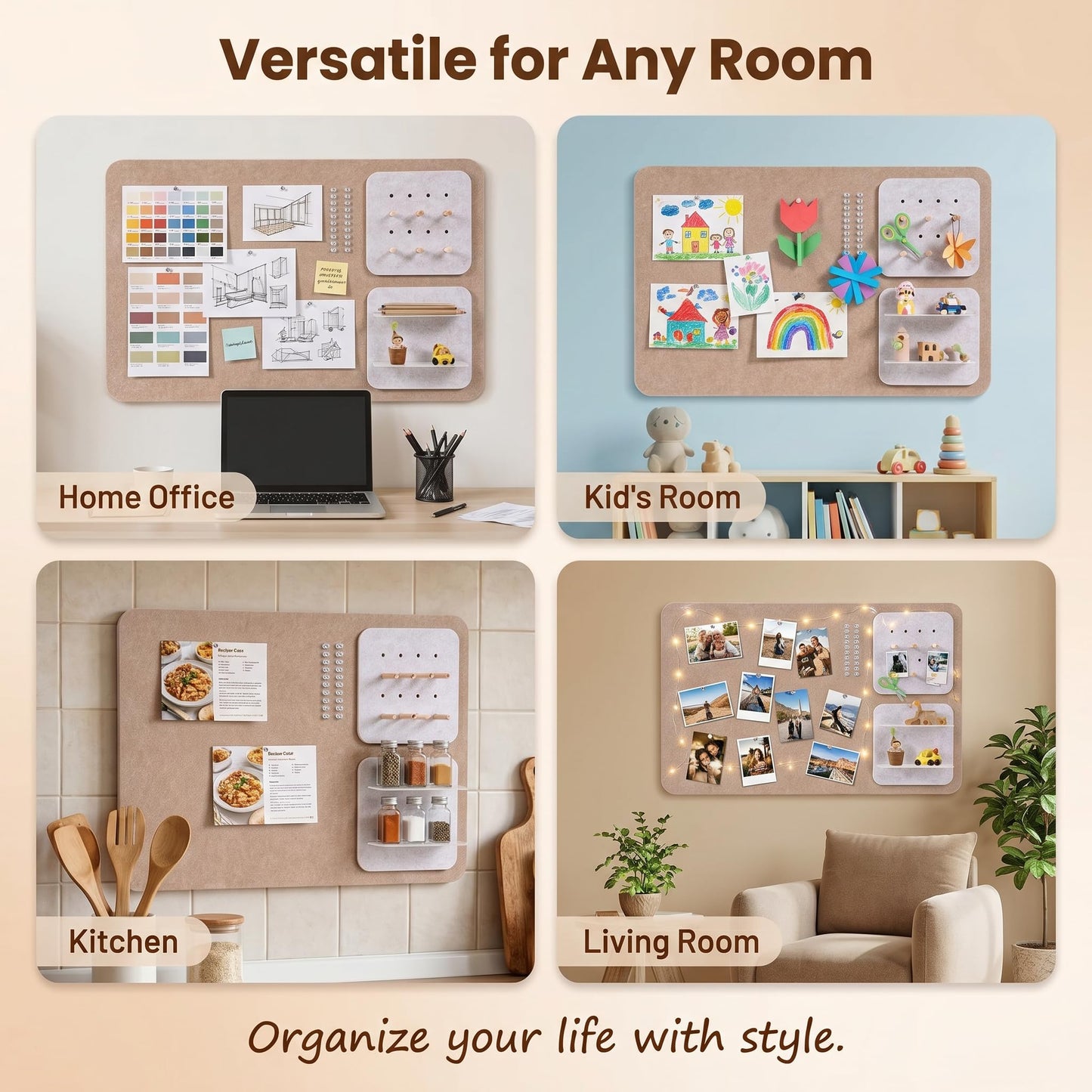 Wall Organizer Bulletin Board with Shelves and Key Holder, 2-in-1 Felt Pin Board for Photos, Notes, Keys and Small Accessories, Memo Board for Home Office Dorm, Khaki & Light Camel, 15.7"x23.6"