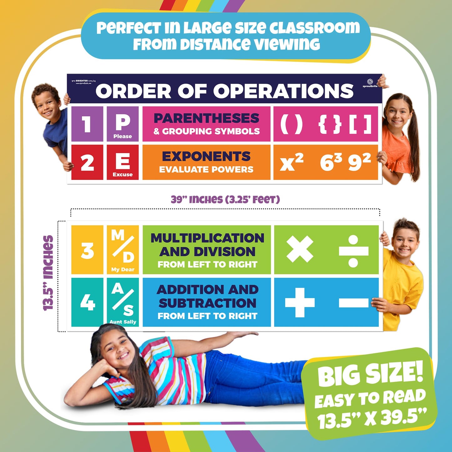 Sproutbrite 2 Pack 13.5" x 39" PEMDAS Order of Operations Posters – Large Educational Math Classroom Banners for Elementary & Middle School, Helps Students Apply the Correct Order of Operations Consistently