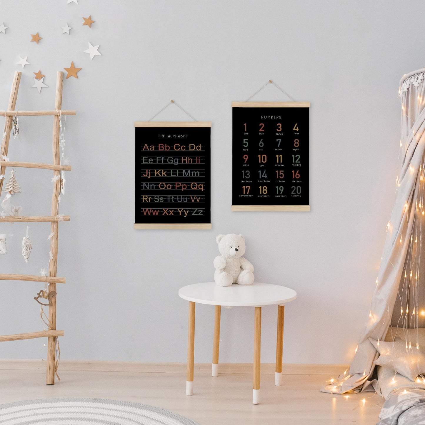 HRQKO Alphabet Numbers Poster Hanger Frame Set of 2, Black Nursery Wall Decor, ABC Poster Wall Art with Wooden Frames, Boho Alphabet Banner Wall Hanging Decor for Toddler Playroom, 12x16 Inch