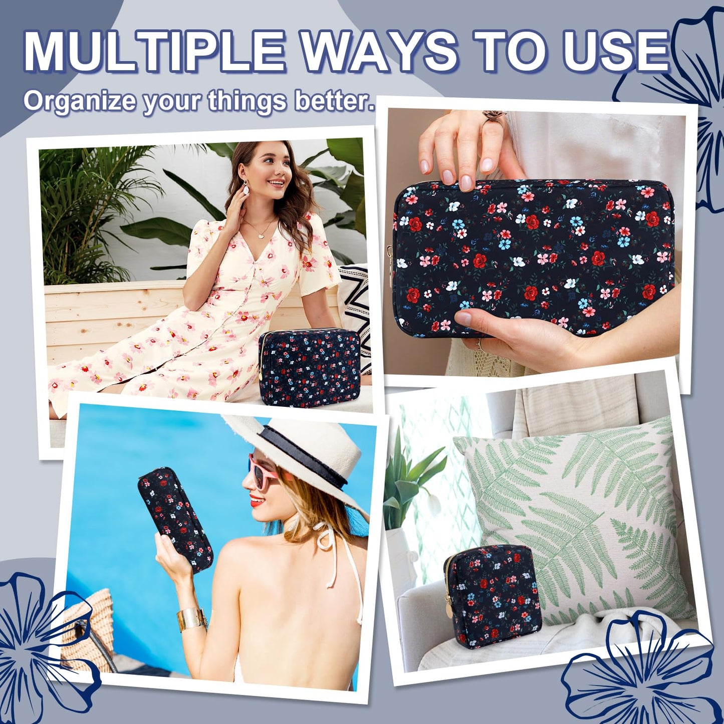 UIXIZQ Waterproof Small Floral Pencil Case Makeup Bag for Purse,Cute Flower Pencil Pouch Preppy Nylon Makeup Brush Holder with Zipper,Girls Portable Storage Case Pen Bag for Work(Slim Black-Flowers)