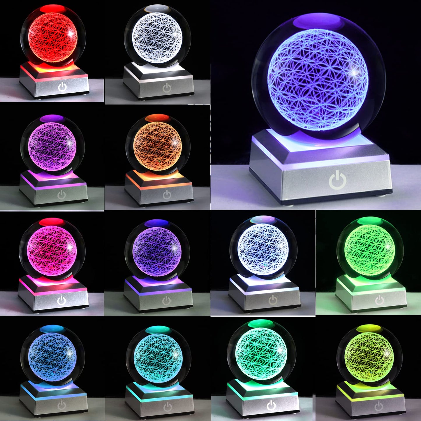 Qianwei Flower of Life Crystal Sphere with Led Colorful Lighting Touch Base, Sacred Geometry Crystal Ball Starlight Magic, Feng Shui Decor Laser Engraved Seek of Flower Inside A Sphere