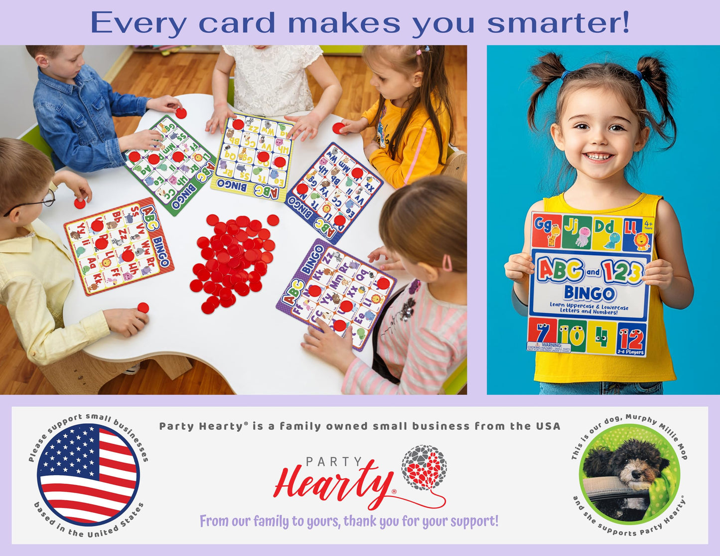 Party Hearty Alphabet and Number, ABC and 123 Bingo Board Game for Kindergarten and Preschool Kids Learn to Read Fun 2 Versions for Ages 4 and Up (Animal Edition)