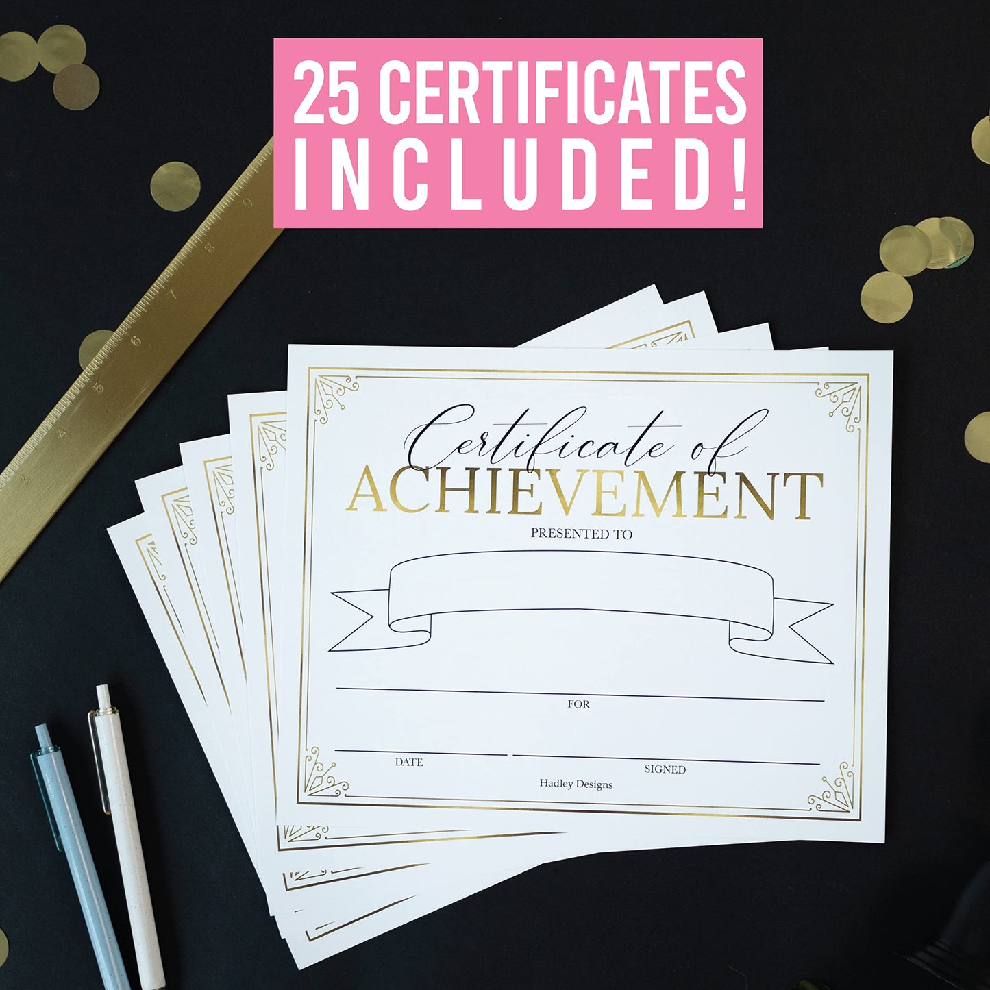 Certificate of Achievement Awards -25 Bulk Award Certificates for Students & Employee of the Month, Gold Certificate Paper, Superlative Academic Excellence End of School Certificates of Completion