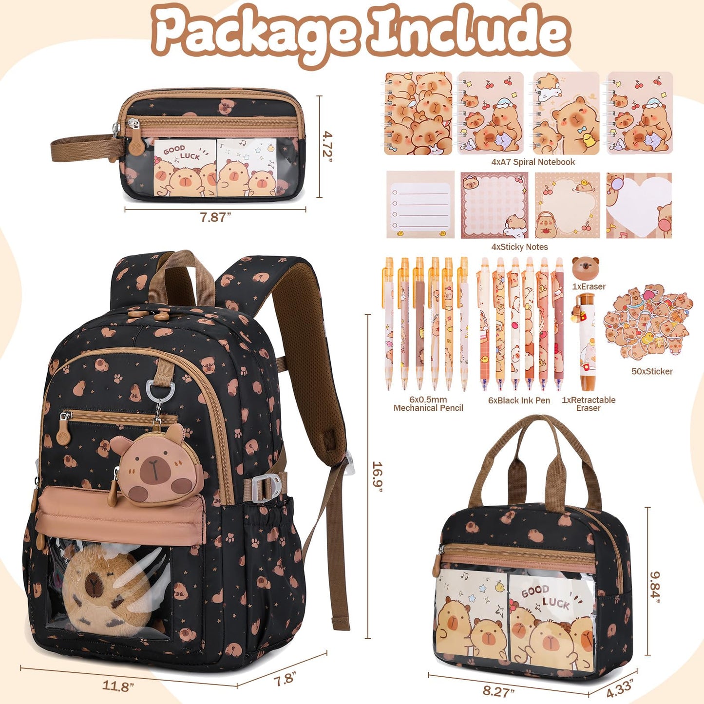 Similove Capybara Theme Backpack for School Girls, 35PCS Kids Backpack Set with School Supplies Stationery Kit Lunch Box Pencil Case, Cute Girls Bookbag for Kindergarten Elementary Student