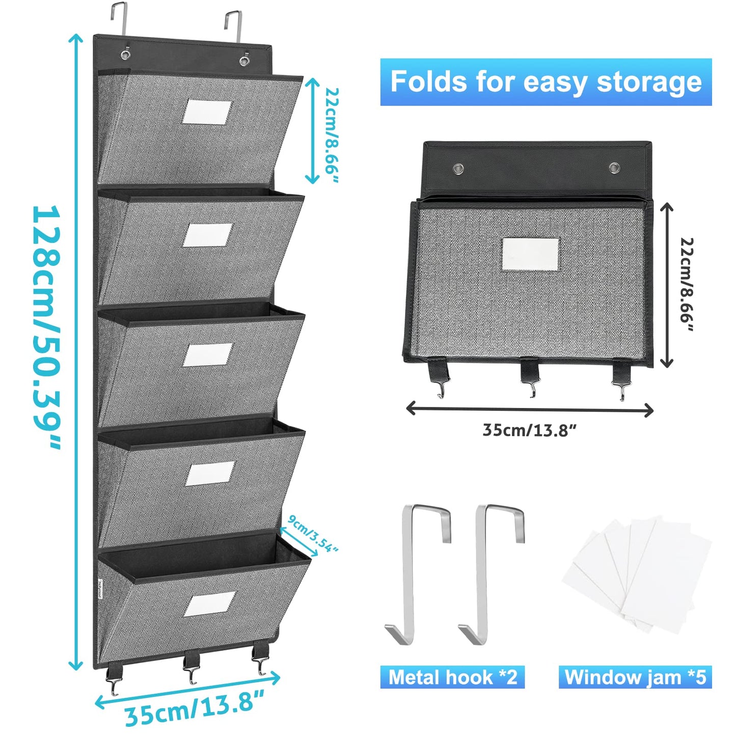 Over the Door File Organizer, Hanging File Folders, Wall Organizers and Storage for Mail, Magazine, Notebooks, Planners, Office, Classroom, 5 Extra Large Pockets, 50.39” Tall (Grey with Herringbone)