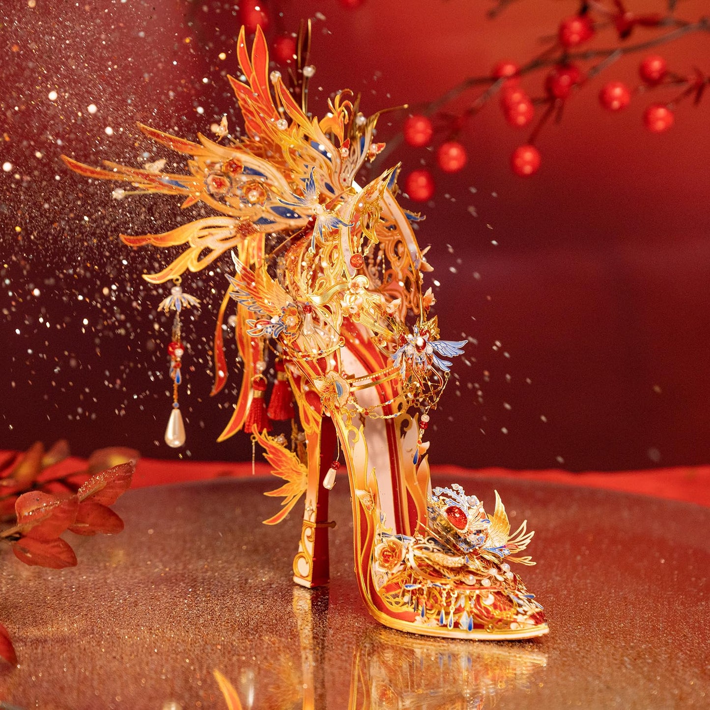 MU Metal Puzzles for Adults Wedding Phoenix Shoe Cinderella Shoes Puzzle 3D Metal Model Kits Building, DIY Sets Xmas Birthday Wedding Girfriend Gifts Home Desk Decor Chinese Red Craft Projects