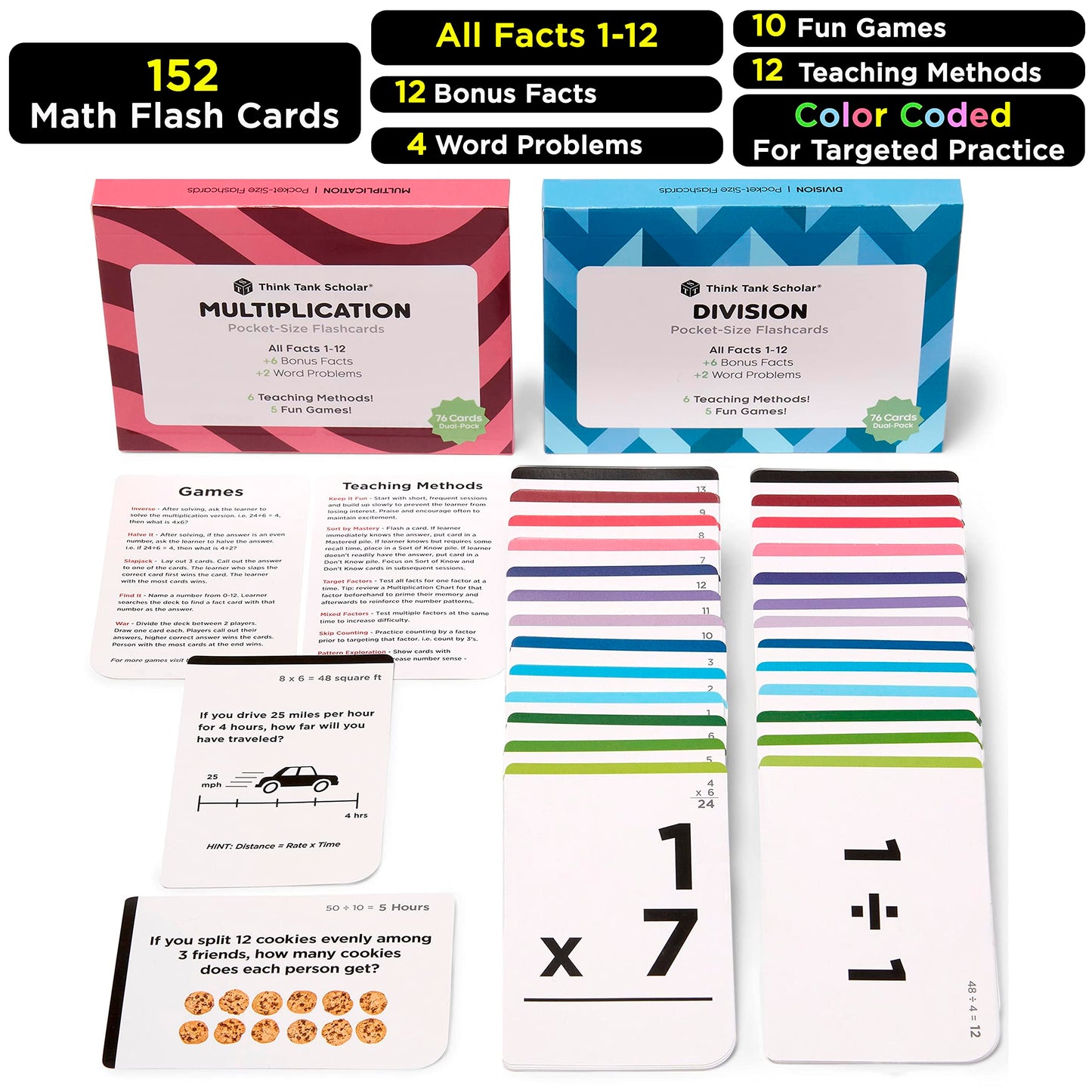 Award-Winning Math Flash Cards – 152 Multiplication & Division Facts (1–12) – 2 Facts Per Card with Visual Aids – Bonus Word Problems, Games & Durable Cardstock – Grades 2–6