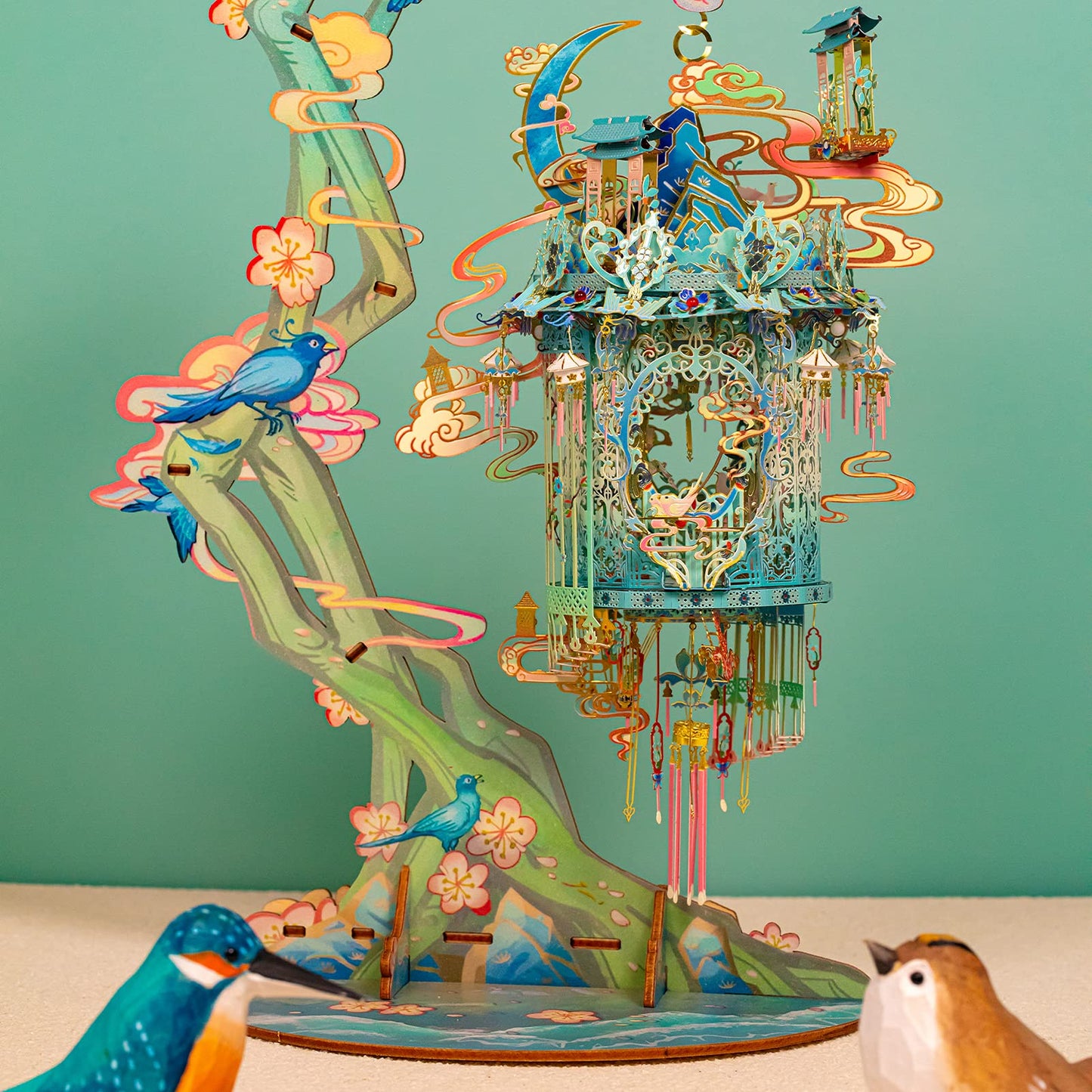 MU 3D Metal Puzzles for Adult Lucky Magpie Palace Chinese Style Birdcage Miniature Building,DIY Metal Model Kits Building Birds and Flower Castle DIY Sets Gift