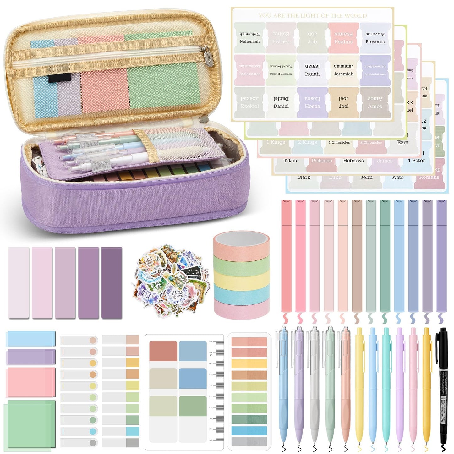 98 Pcs Bible Study Supplies, Bible Journaling Kit for Women, Aesthetic Study Kit with Pencil Case Book Annotation Aesthetic Highlighters Notes Gel Pens for Office Christian Gifts Christmas(Purple)