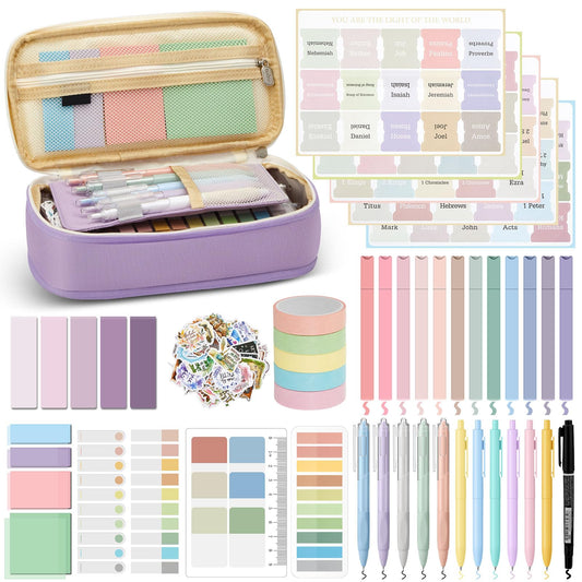98 Pcs Bible Study Supplies, Bible Journaling Kit for Women, Aesthetic Study Kit with Pencil Case Book Annotation Aesthetic Highlighters Notes Gel Pens for Office Christian Gifts Christmas(Purple)