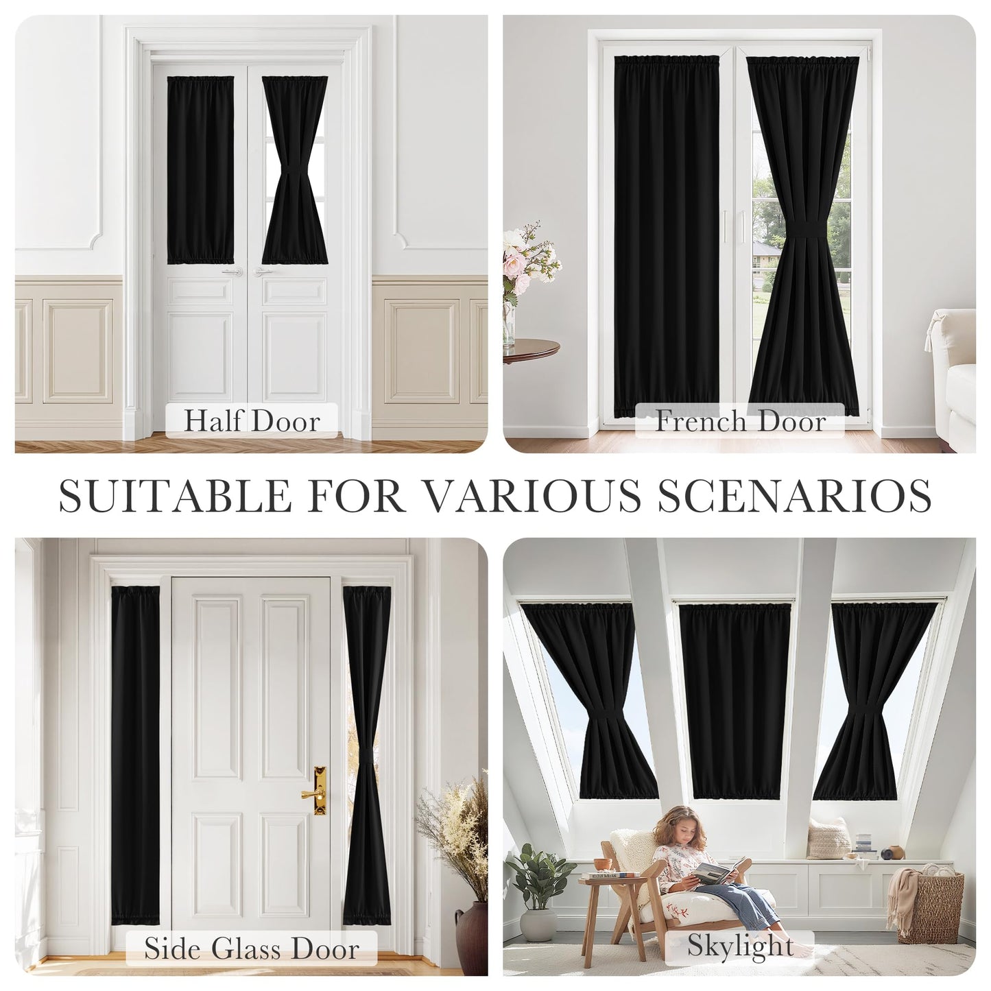 PONY DANCE Black Back Door Curtains for Door Window, 100% Blackout Dual Rod Pocket Privacy French Curtain for Kitchen, Thermal Insulated Small Window Drapes for Classroom, W25 x L40, 1 Panel