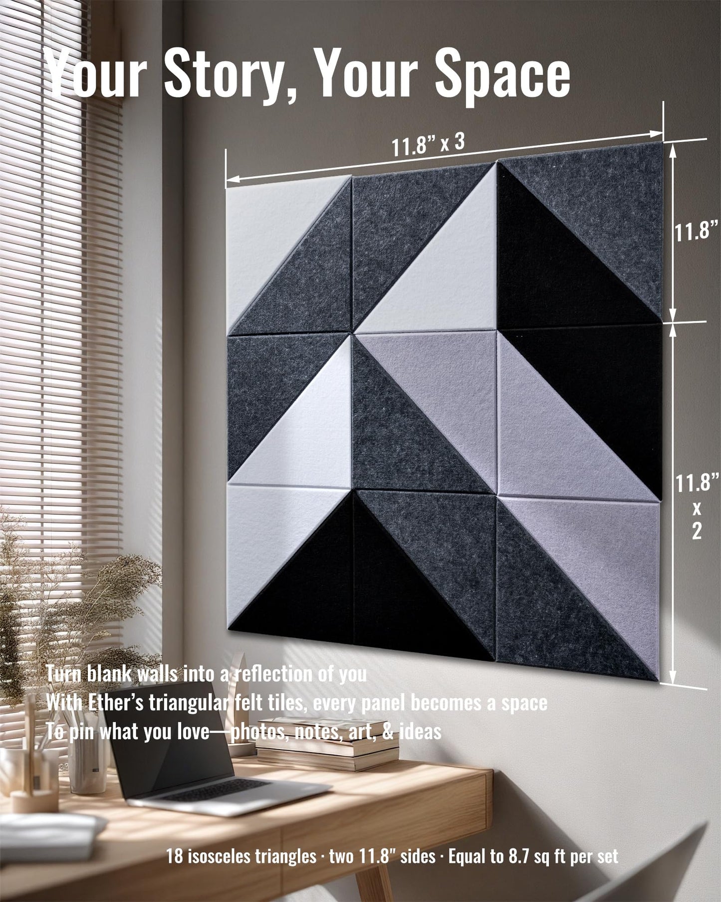 PebblingQ Felt Wall Tiles Bulletin Board, Modular Decorative Panels for Home Office, Kids Room, Classroom, DIY Geometric Design, Creative Photo Display Board, 18 Pack 11.8" Triangle Tiles(Ether)