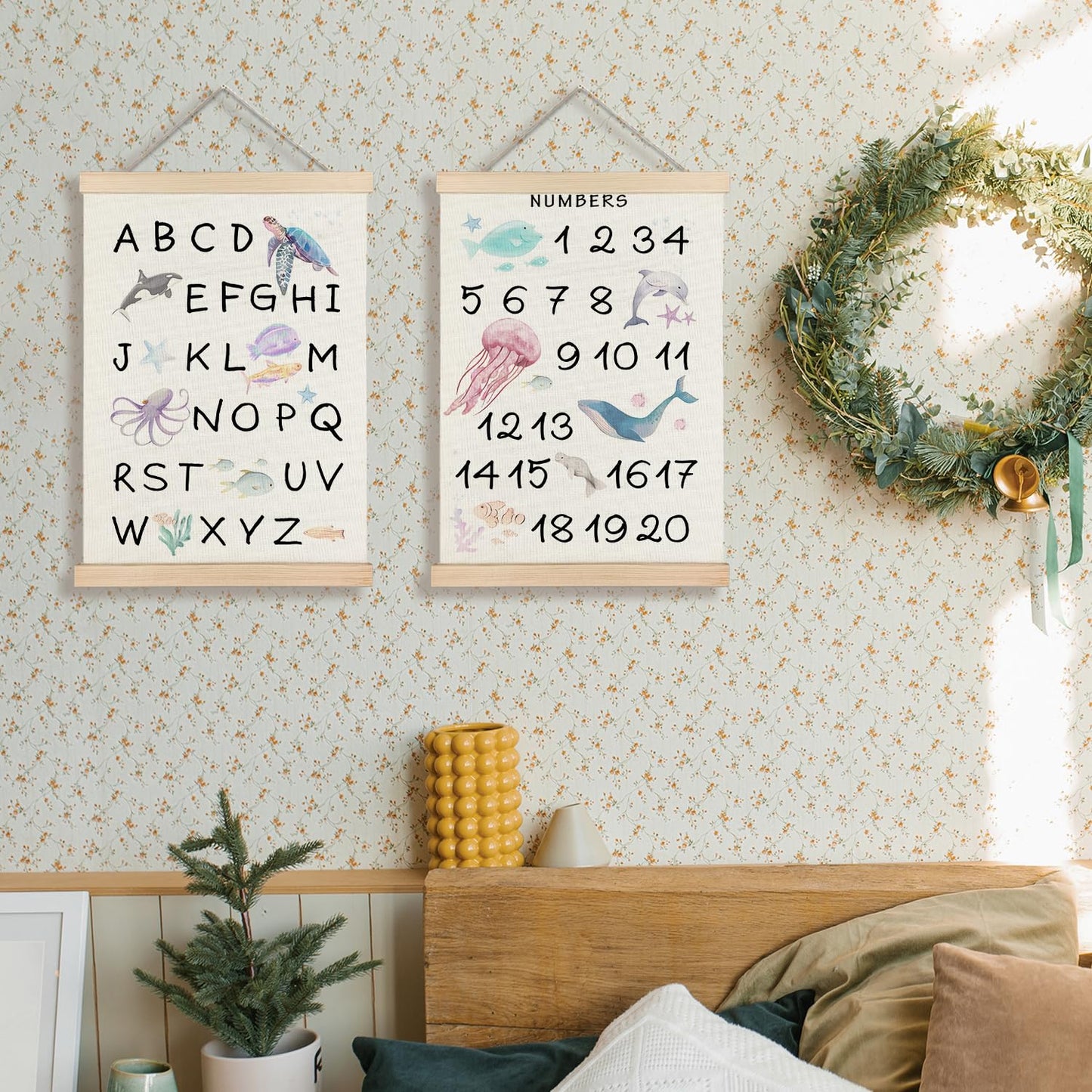 Supwhd Ocean Nursery Decor, Alphabet Numbers Ocean Animals Poster Hanger Frame, Sea Animals ABC 123 Educational Wall Decor for Nursery Kids Room Playroom Classroom Homeschool, 16x24 Set of 2