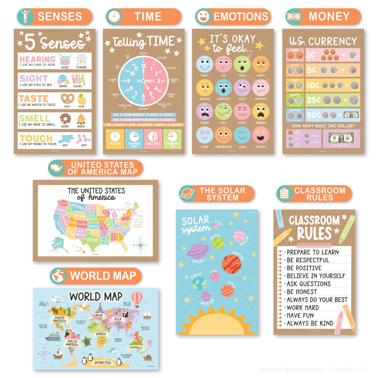 Hadley Designs 16 Educational Posters for Classroom Must Haves - Laminated Pre-K Posters for Toddler Homeschool Essentials, Toddler & Preschool Learning Activities, Kindergarten Classroom Decor
