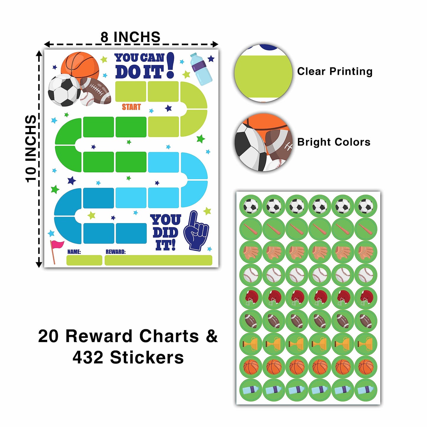 20 Sports Reward Chart with 432 Round Stickers, Incentive Behavior Chart for Kids at Home Classroom, Kids Routine Daily Chore Sticker Chart-B14