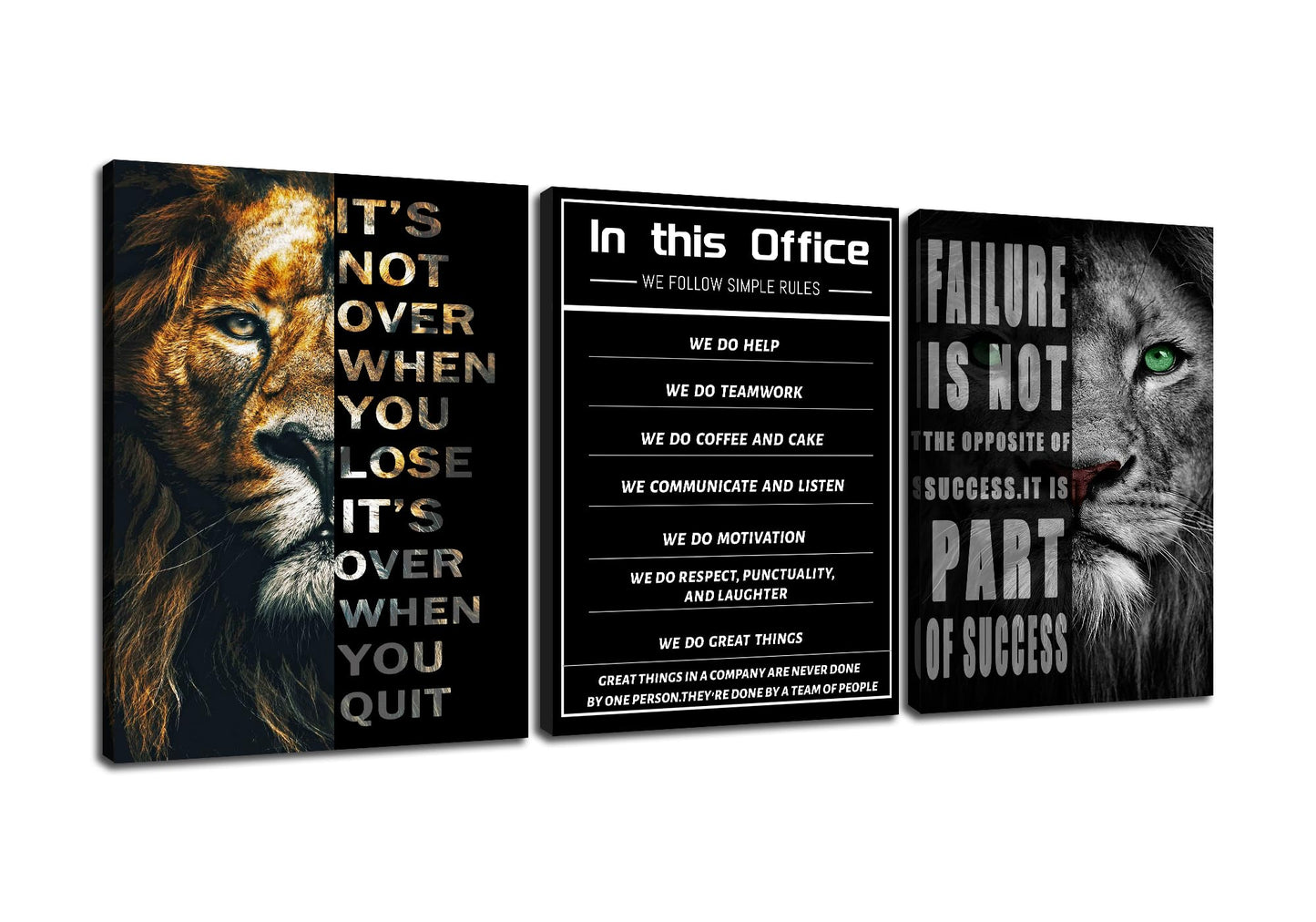 PSYYSP 3 Piece Canvas Wall Art Lion Office Values Posters, Black Motivational Triptych Wall Decor for Office, Bedroom, Dorm, Business Workspace, Framed Canvas 36x16inch