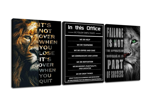 PSYYSP 3 Piece Canvas Wall Art Lion Office Values Posters, Black Motivational Triptych Wall Decor for Office, Bedroom, Dorm, Business Workspace, Framed Canvas 36x16inch