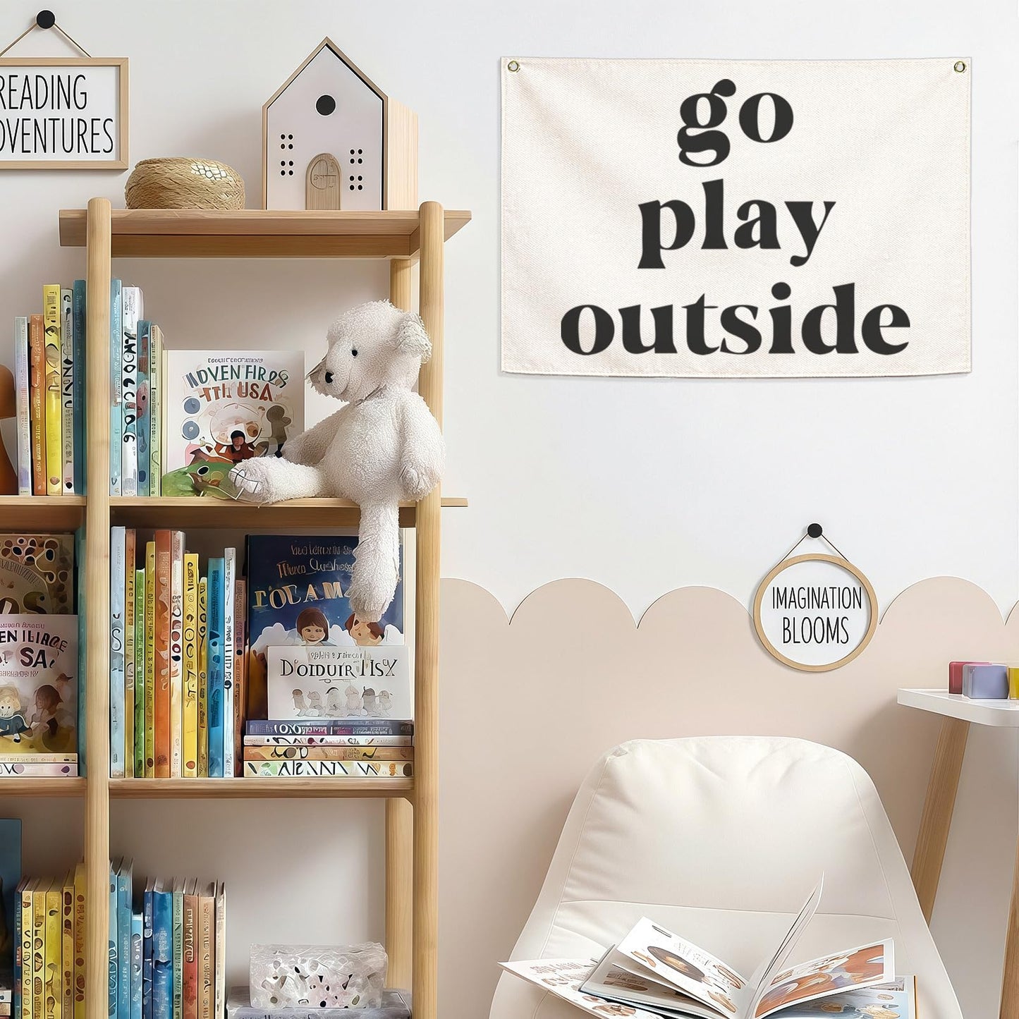 Nursery Rectangular Canvas Banner Wall-Hanging Flag Wall Art Decor for Baby Boy Girl,Kids Room Playroom Bedroom Game Room Kindergarten Decor,Birthday Christmas Gift-Go Play Outside-28.5"L×20"W