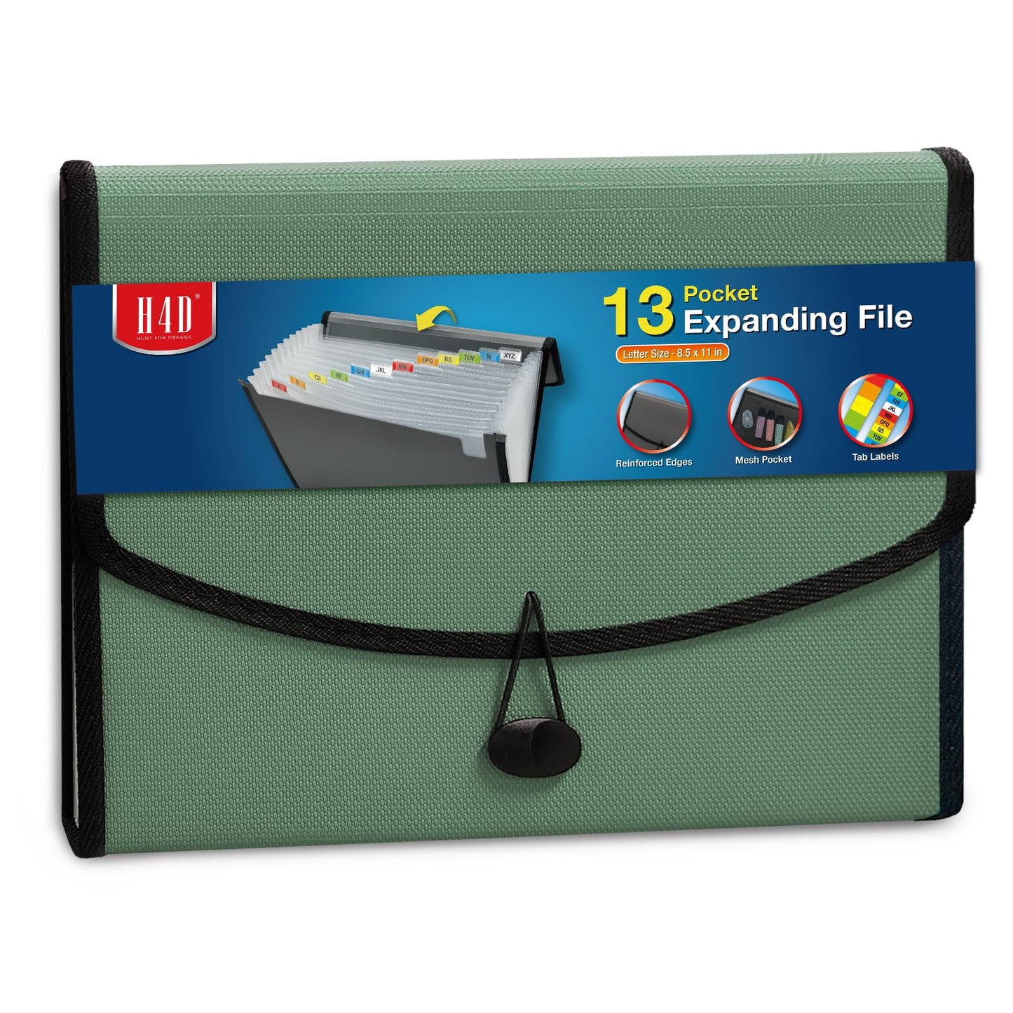 H4D 13-Pocket Accordion File Organizer with Mesh Pocket, Expanding File Folder with Tabs, Expandable Document Organizer for Home Office School, Letter Size, Sage