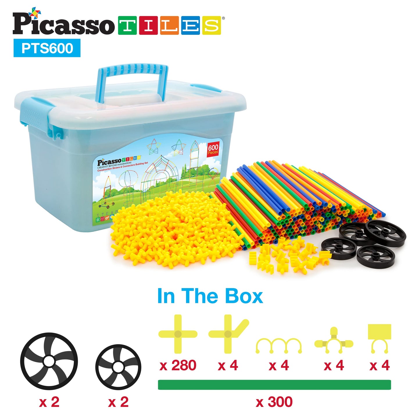 PicassoTiles 600pc Construction Toy Straw Building Set Children STEM Learning Interlocking Building Toys Creative Straw Connecting Builder Kits Early Education Kit for Kids Boys & Girls Ages 3+ PTS600