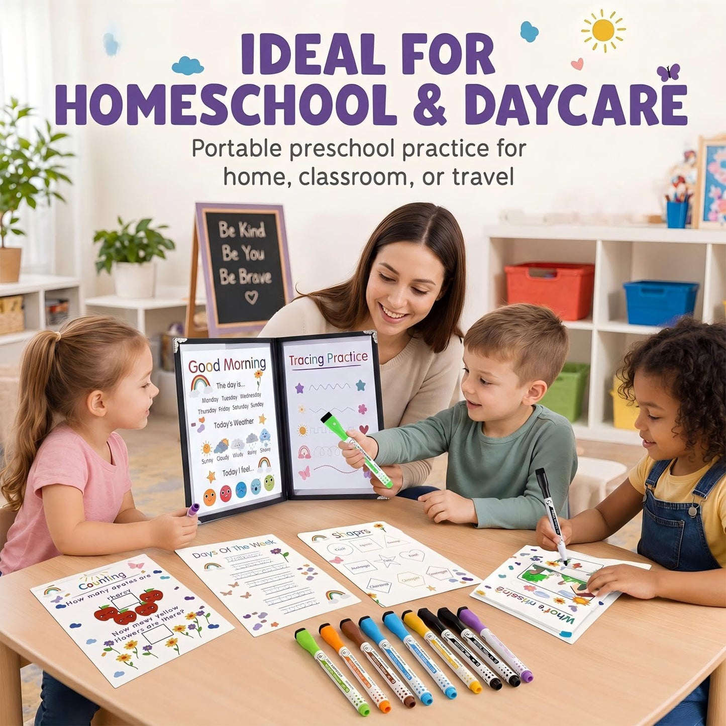 Hushee 31 Pcs Homeschool Morning Menu Kit for Toddler Preschool Kindergarten Prek Classroom Essentials Interactive Toddler Learning Binder, 21 Educational Posters 2 Dry Erase Menu Covers & 8 Markers