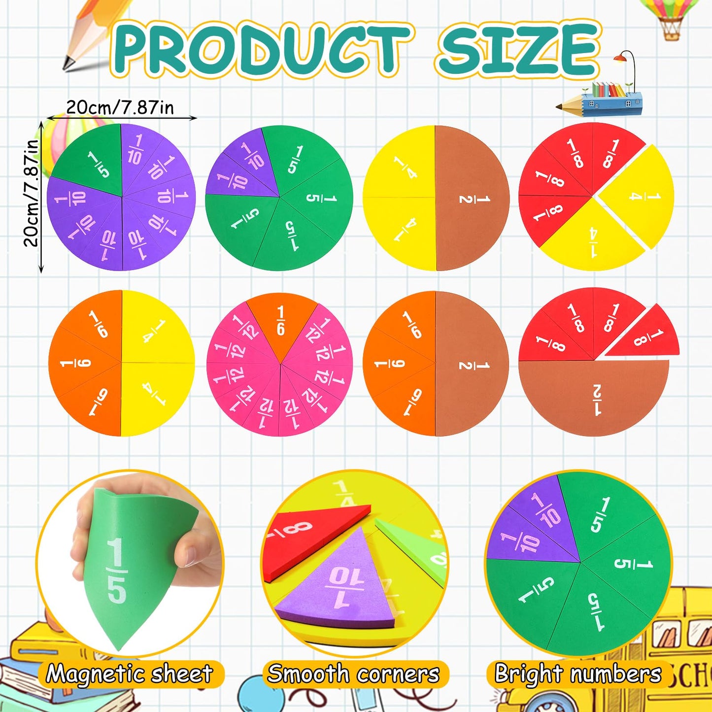 Sayglossy Jumbo Magnetic Fraction Circles Set for Rainbow Teacher Math Manipulatives for Learning Large Education Visuals Fraction Games Supplies 8 Inches Diameter
