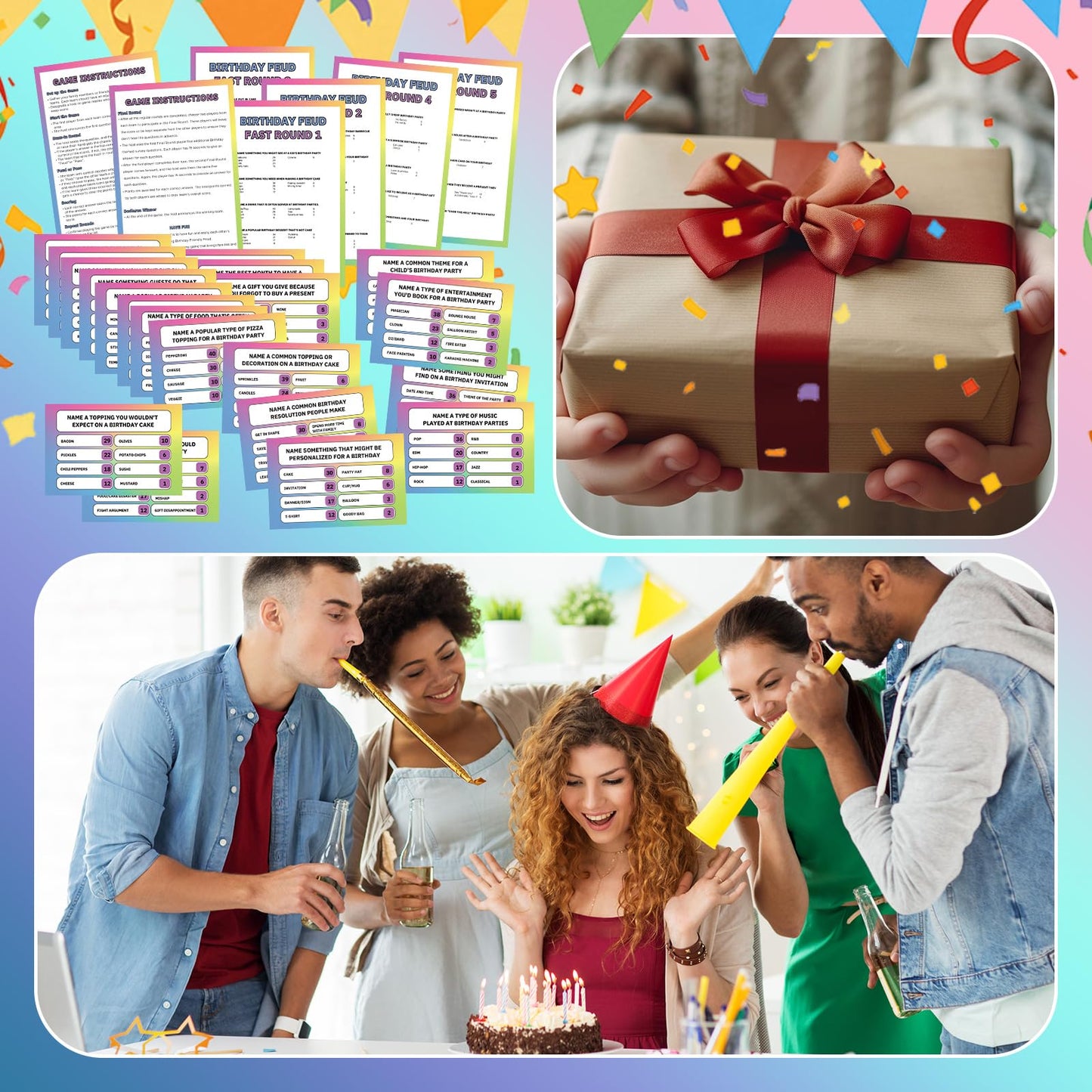 Soulchen Birthday Friendly Feud Game Set Birthday Party Game Trivia Quiz with Cards and 2 Buzzer for Family Home Games Activities Party Supplies, Battery Not Included
