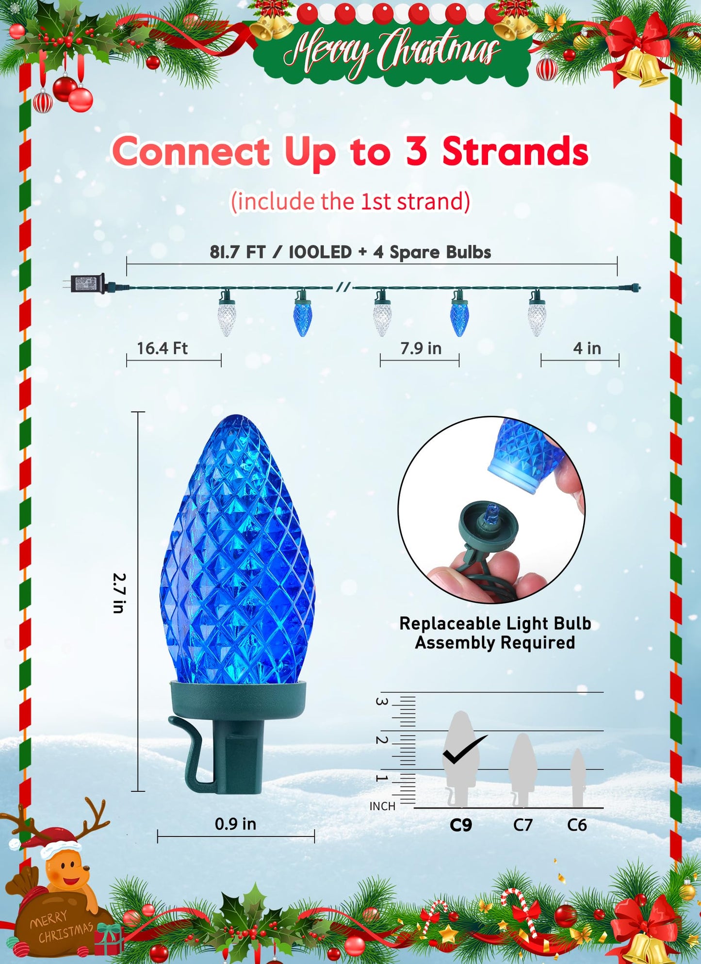 Minetom C9 LED String Lights, 100 LED, 81 Feet, Waterproof, 8 Modes, 2 Pack, Blue & Pure White