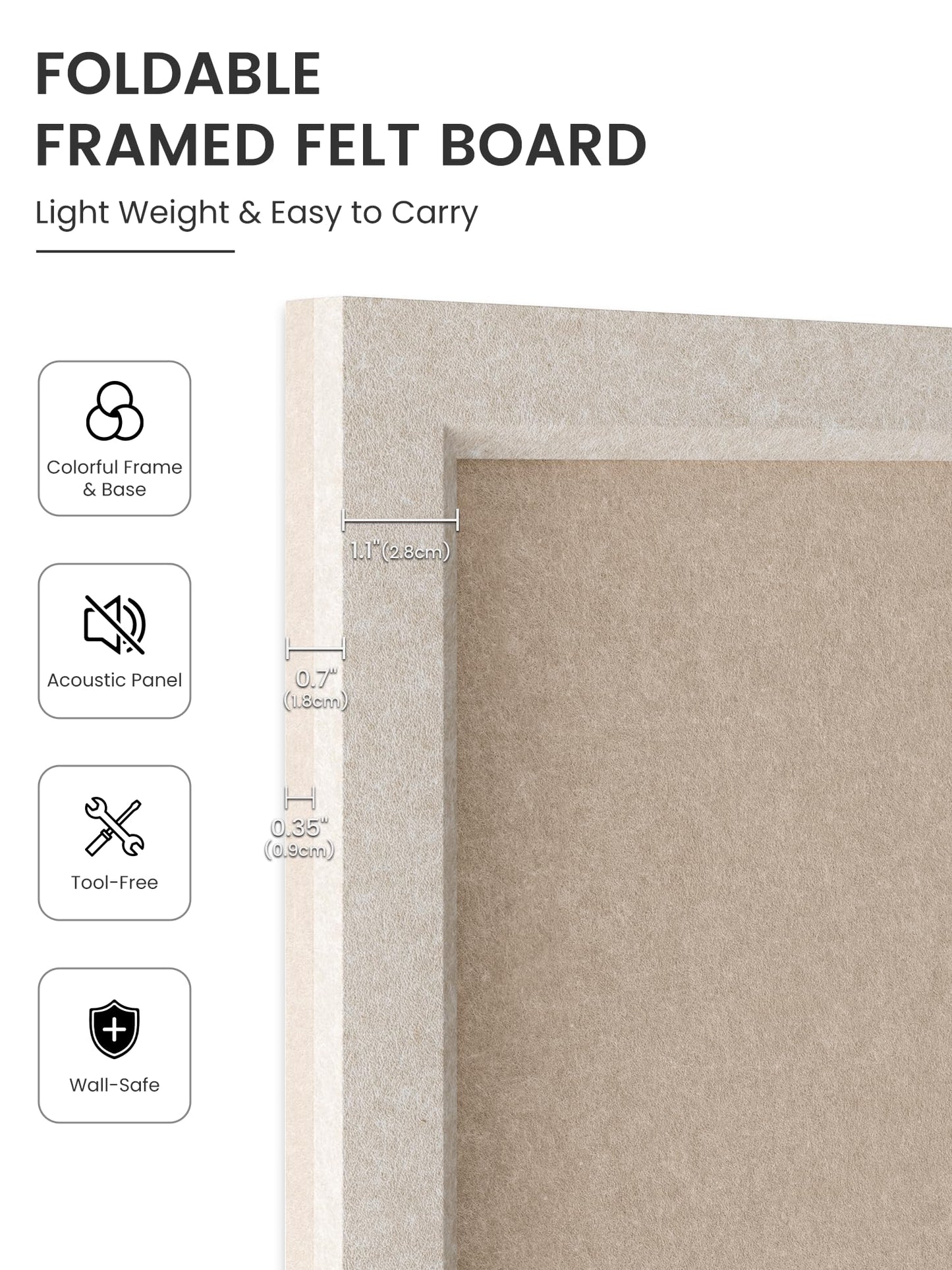 Fluxynara Foldable Cork Board Alternative, Felt Bulletin Board 35.4" x 23.6" Oatmeal Frame with 24 Adhesive Tabs, Pin Board for Home Office, Classroom, Entryway, Kitchen Wall Decor—Deep Camel
