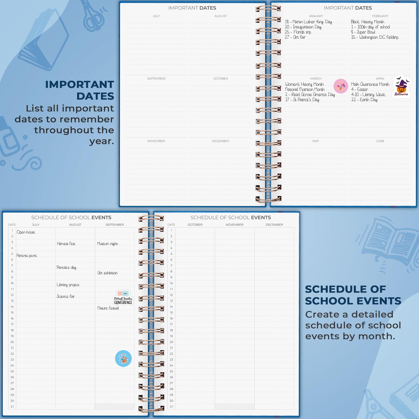 Clever Fox Teacher Planner Spiral – School Year Planner with Calendars & Lesson Plans – Teacher Plan Book for Classroom & Homeschool Organization - Undated, 7.9x10″ (Mystic Blue)