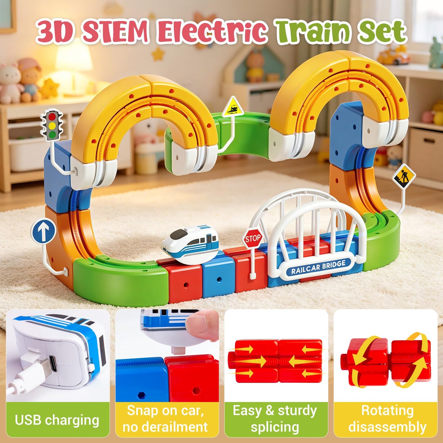 Electric Train Set for Kids, 147PCS (90 Track+2 Motorized Trains) 3D Gravity-Defying Cube Track, STEM Electric Train Set Educational Birthday Gift with Building Poster for Boys Girls Ages 3 4 5 6 7 8