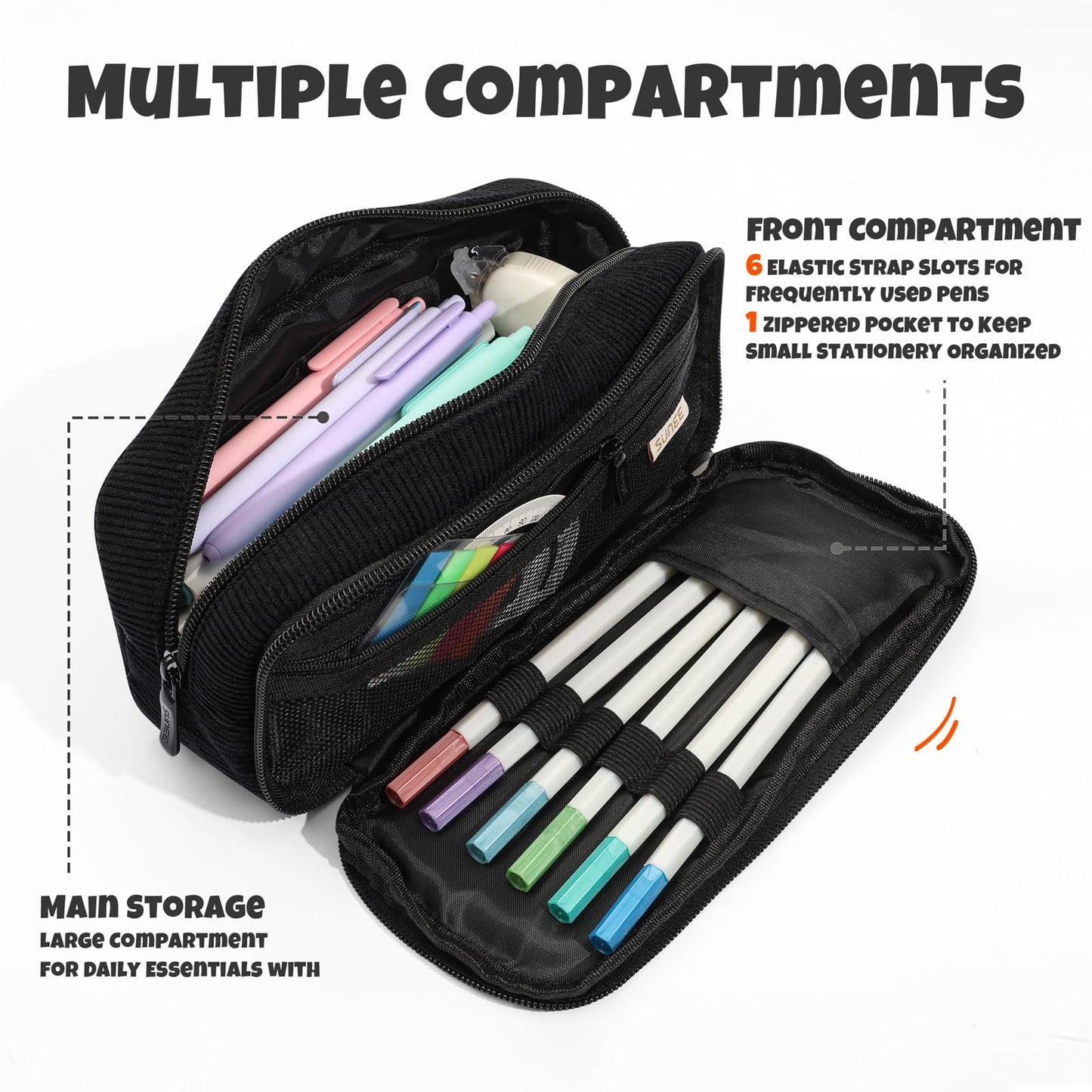 SUNEE Pencil Case, Large Capacity Pencil Pouch, Aesthetic Big Pen Bag, Soft Corduroy Pen Box for Office Stationery Organizer School Supplies Multifunctional for Teen Boys Girls Women Men, Jet Black