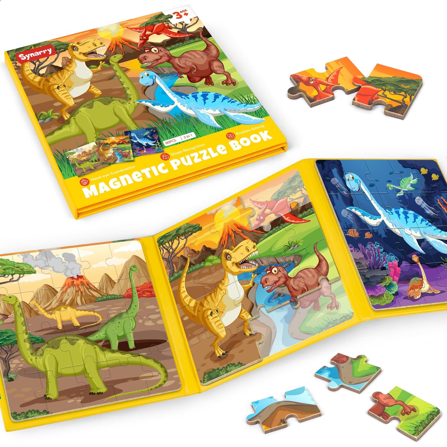 SYNARRY Magnetic Dinosaur Puzzles for Kids Ages 3-5, 20 Pieces Puzzles for Toddlers 4-6, Easter Basket Stuffers Gifts for Kids, Car Airplane Road Trip Activities Magnet Games Toy for Boys Girls