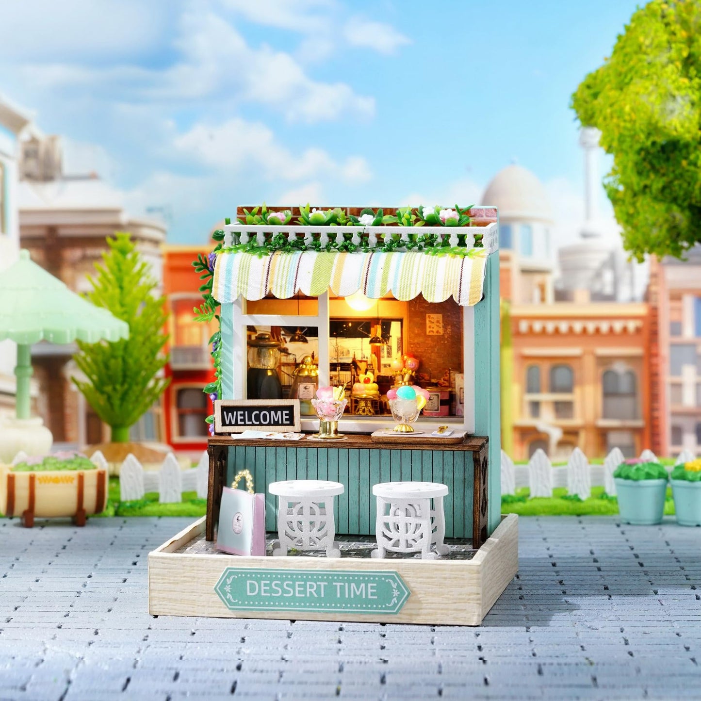 Miniature House Kit, CUTEROOM Tiny House Kit Wooden Dollhouse Kit Mini House Making Kit with Dust Cover, DIY Dollhouse Kit Birthday Gift (Dessert Time)