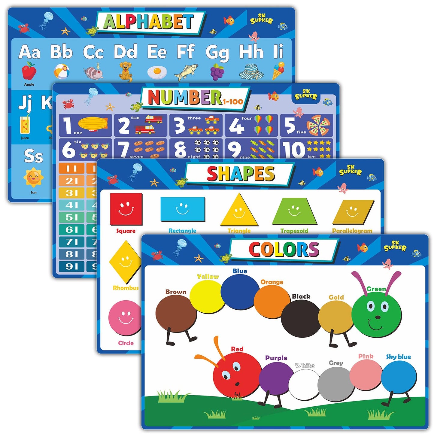 SK SUPKER 4Pack ABC Alphabet Chart + Numbers 1-100 + Shapes + Colors Poster Set, Alphabet Learning Posters-Classroom Wall Decor Art (17 x 11inch)
