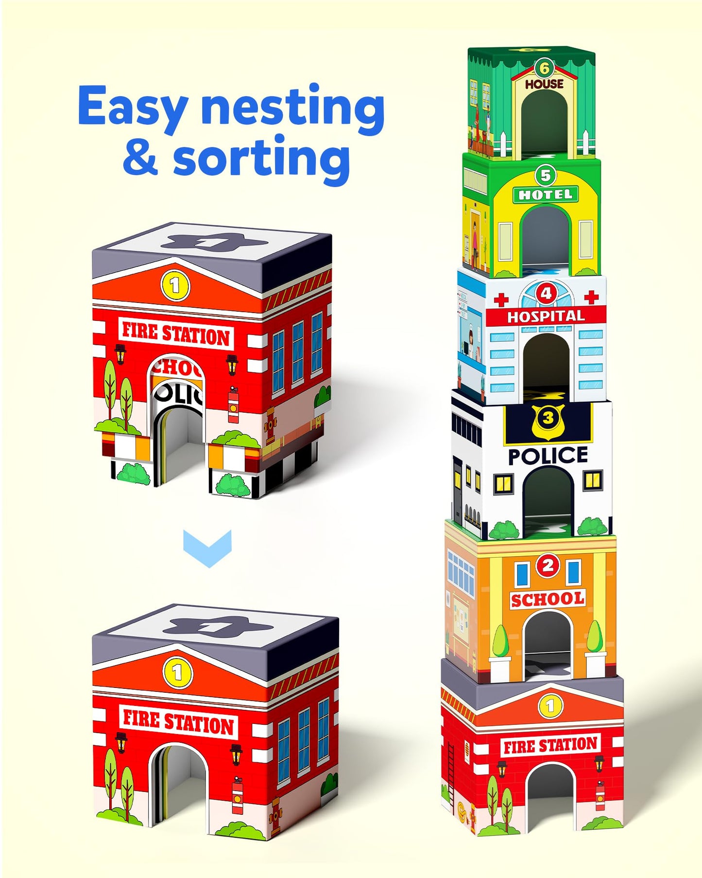 Coogam Montessori Sorting & Stacking Blocks with Nesting Garages Cars, Stackable Number Boxes for Toddlers Learning Community Helpers, Preschool Educational Toy Gift for 2 3 4 Year Old Baby