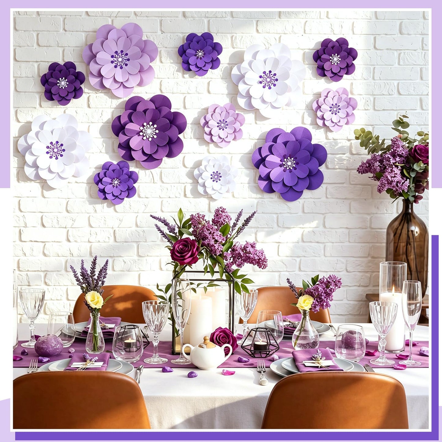 Mooliwe Paper Flowers Decorations for Wall DIY 3D Paper Bulletin Board Mexican Flowers Backdrop Decoration for Classroom Back to School Holiday Party(Purple,12 Set)