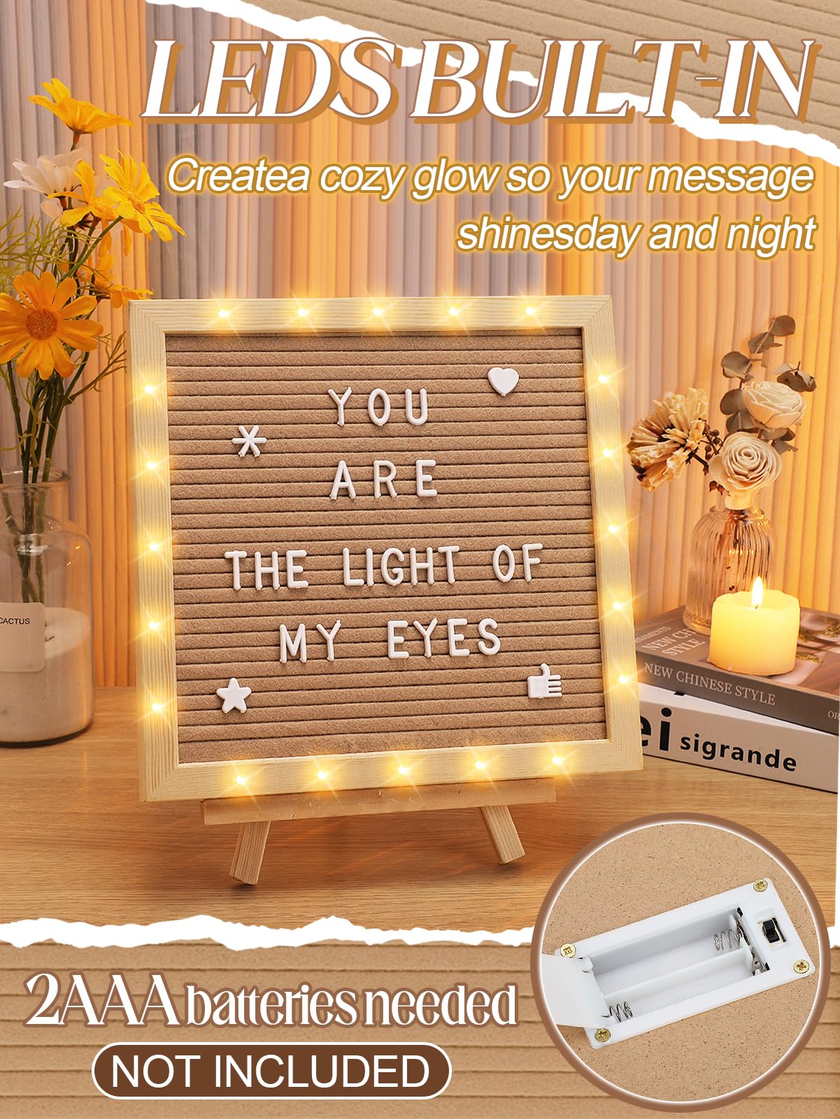 Changeable Felt Letter Board with LED Lights - 10×10" Message Custom Signs & Wood Stand& 450 Letters, Poster Board for Baby/Pregnancy Announcement/Classroom Wall Decor Gifts First Day of School, Camel