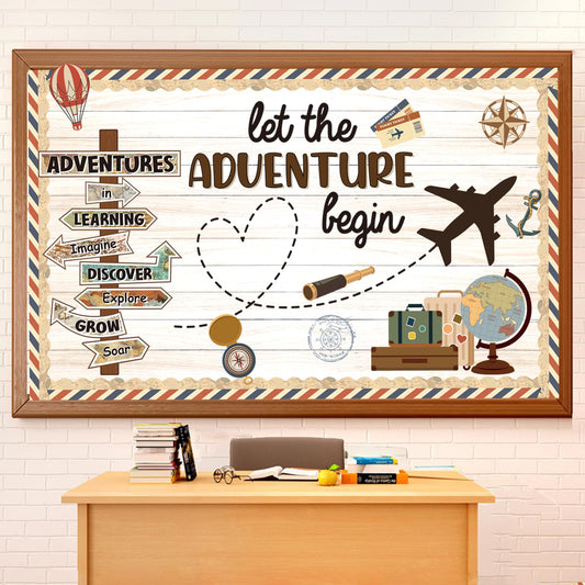 Travel Theme Bulletin Board Decorations Set with Borders Vintage Let The Adventure Begin Cutouts Decor for Teachers Explore Voyage Motivational for Class School Classroom Bulletin Board Decoration