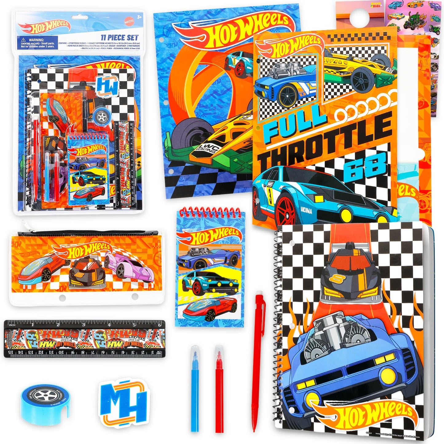 Hot Wheels Back to School Set for Kids - 11 Piece Bundle with Folders, Notebook, Pencils, Stickers, and More | Hot Wheels School Supplies